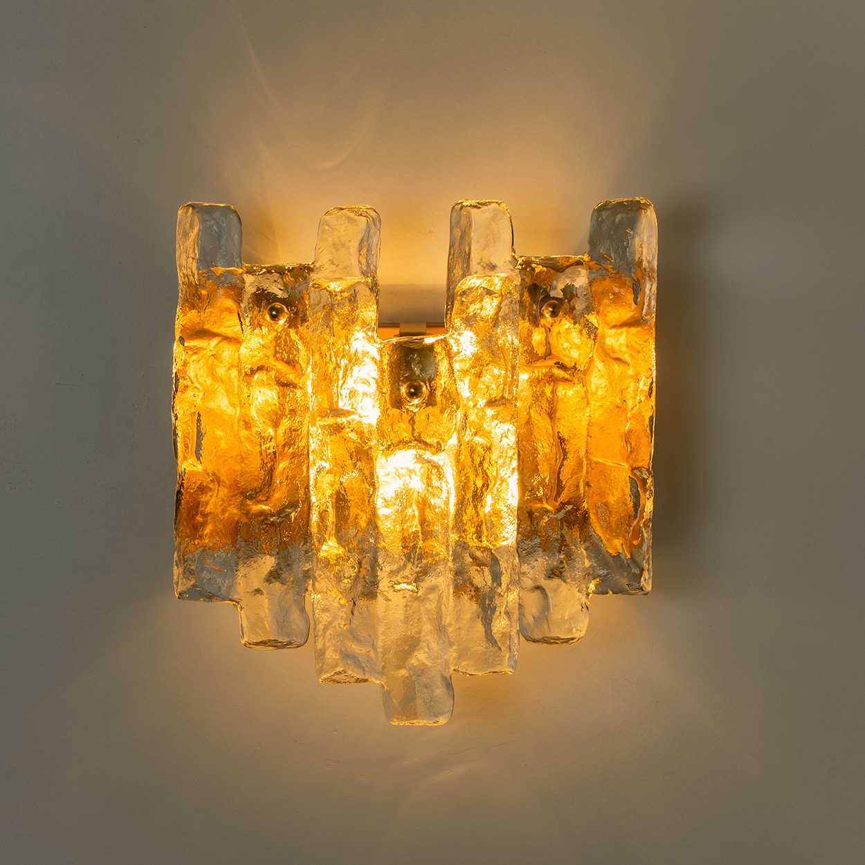 1 of the 3 Textured Ice glass Brass Wall Lights Kalmar, 1970s