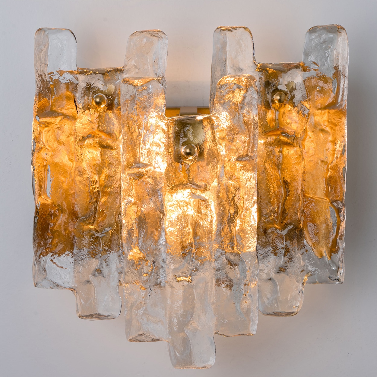 1 of the 3 Textured Ice glass Brass Wall Lights Kalmar, 1970s