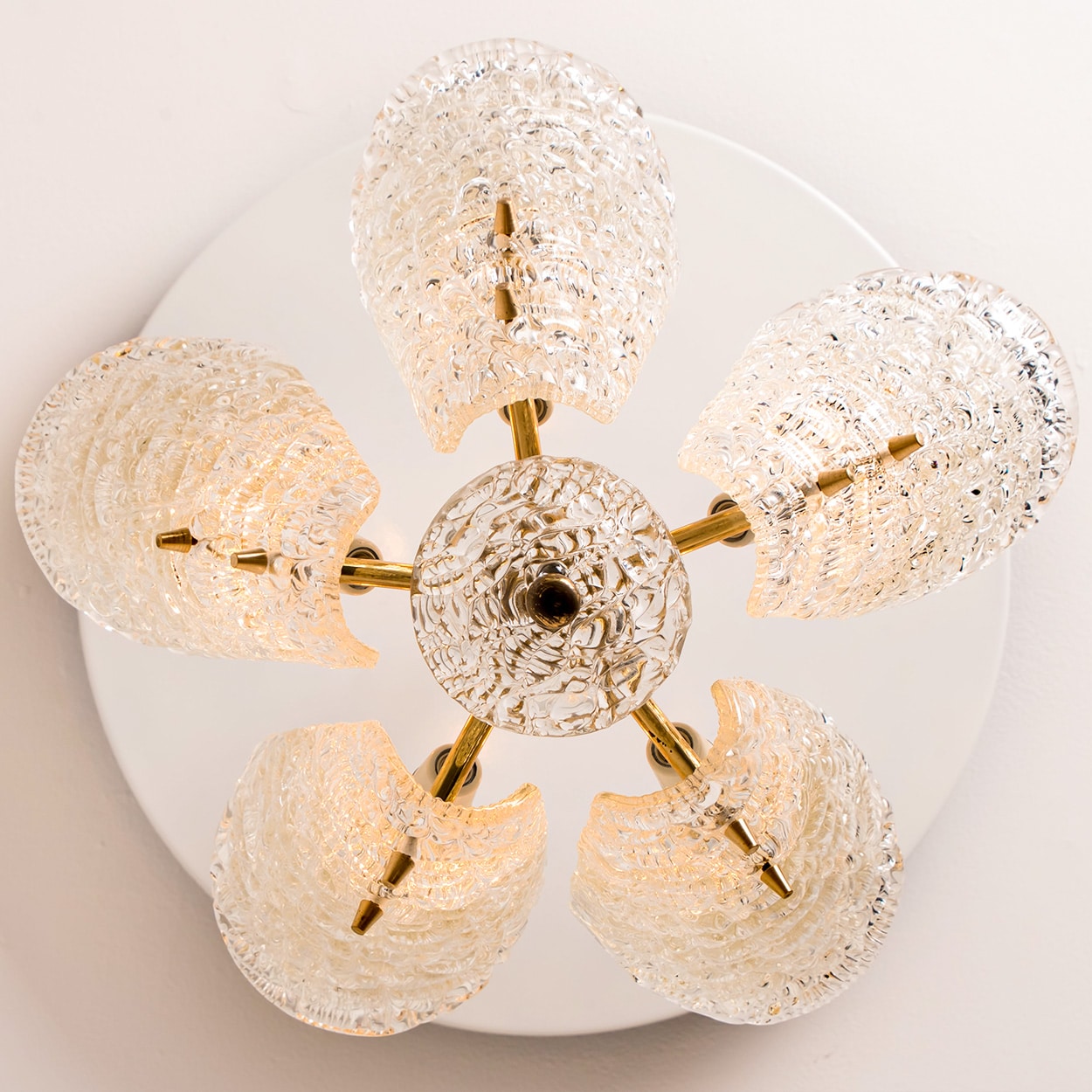 Beautiful 5 Leafs of Ice Glass and Brass Chandelier by Kalmar, 1960