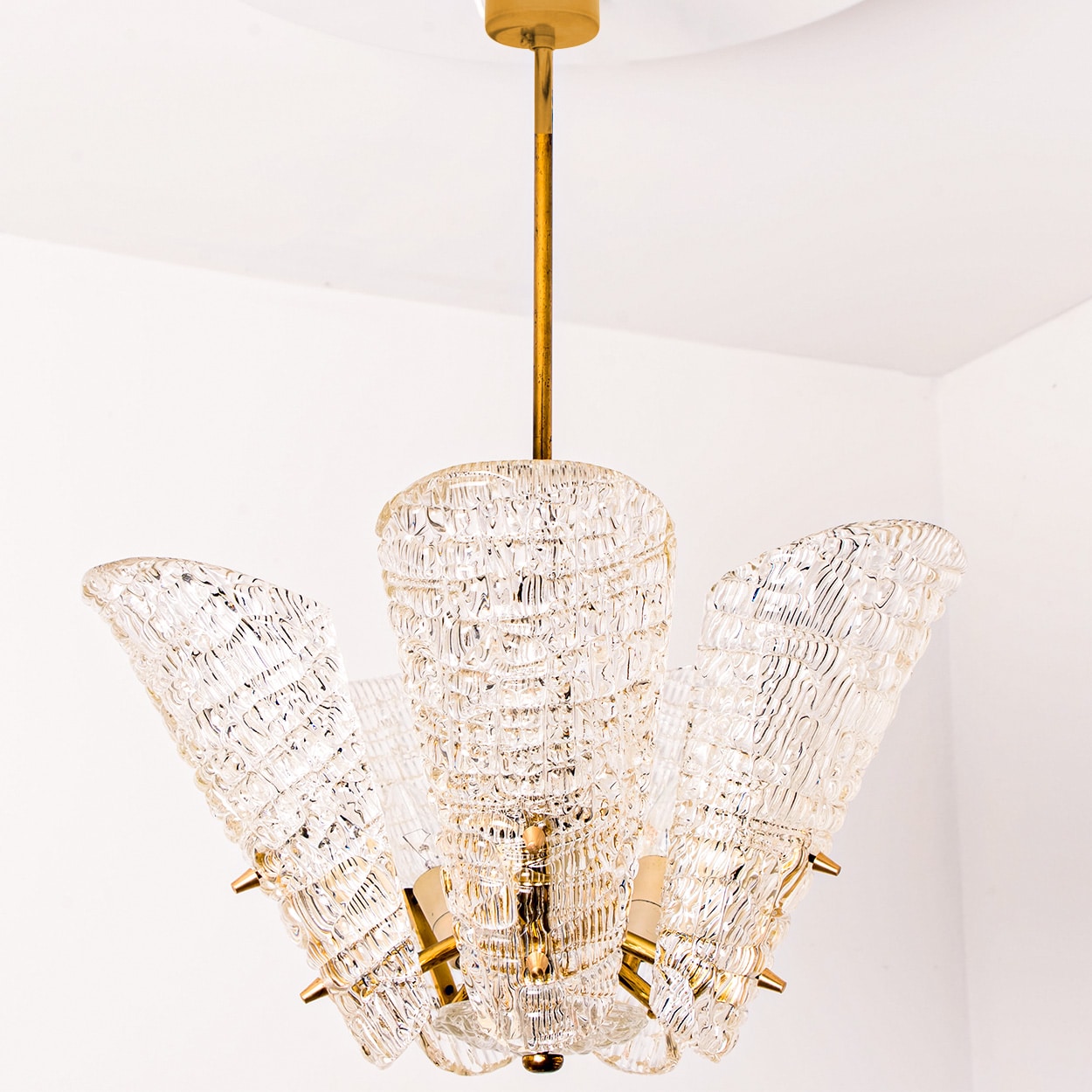 Beautiful 5 Leafs of Ice Glass and Brass Chandelier by Kalmar, 1960