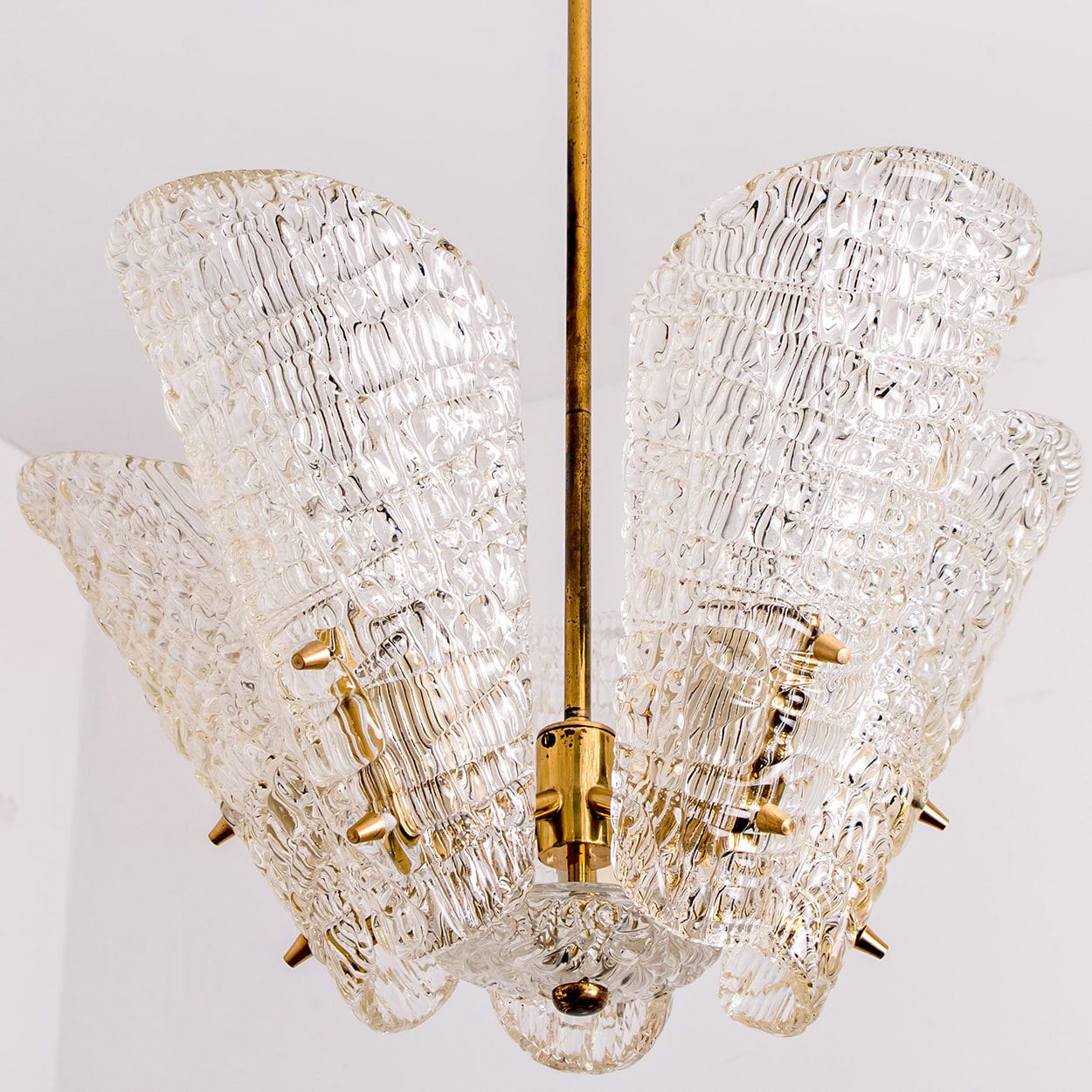 Beautiful 5 Leafs of Ice Glass and Brass Chandelier by Kalmar, 1960