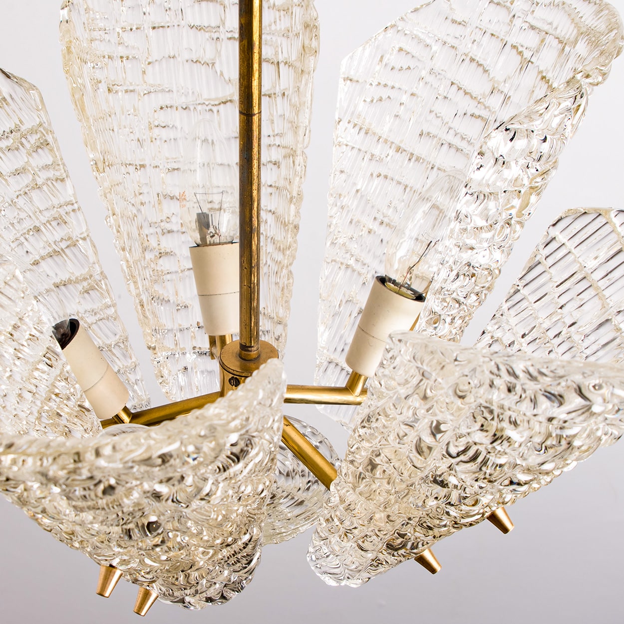 Beautiful 5 Leafs of Ice Glass and Brass Chandelier by Kalmar, 1960