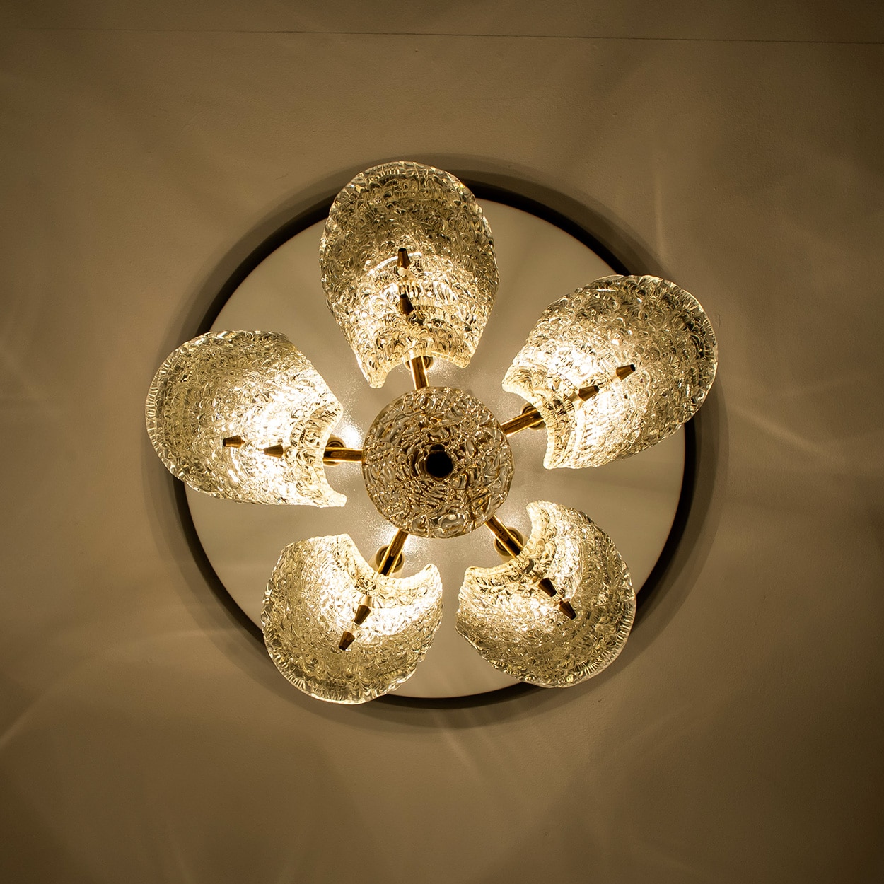 Beautiful 5 Leafs of Ice Glass and Brass Chandelier by Kalmar, 1960