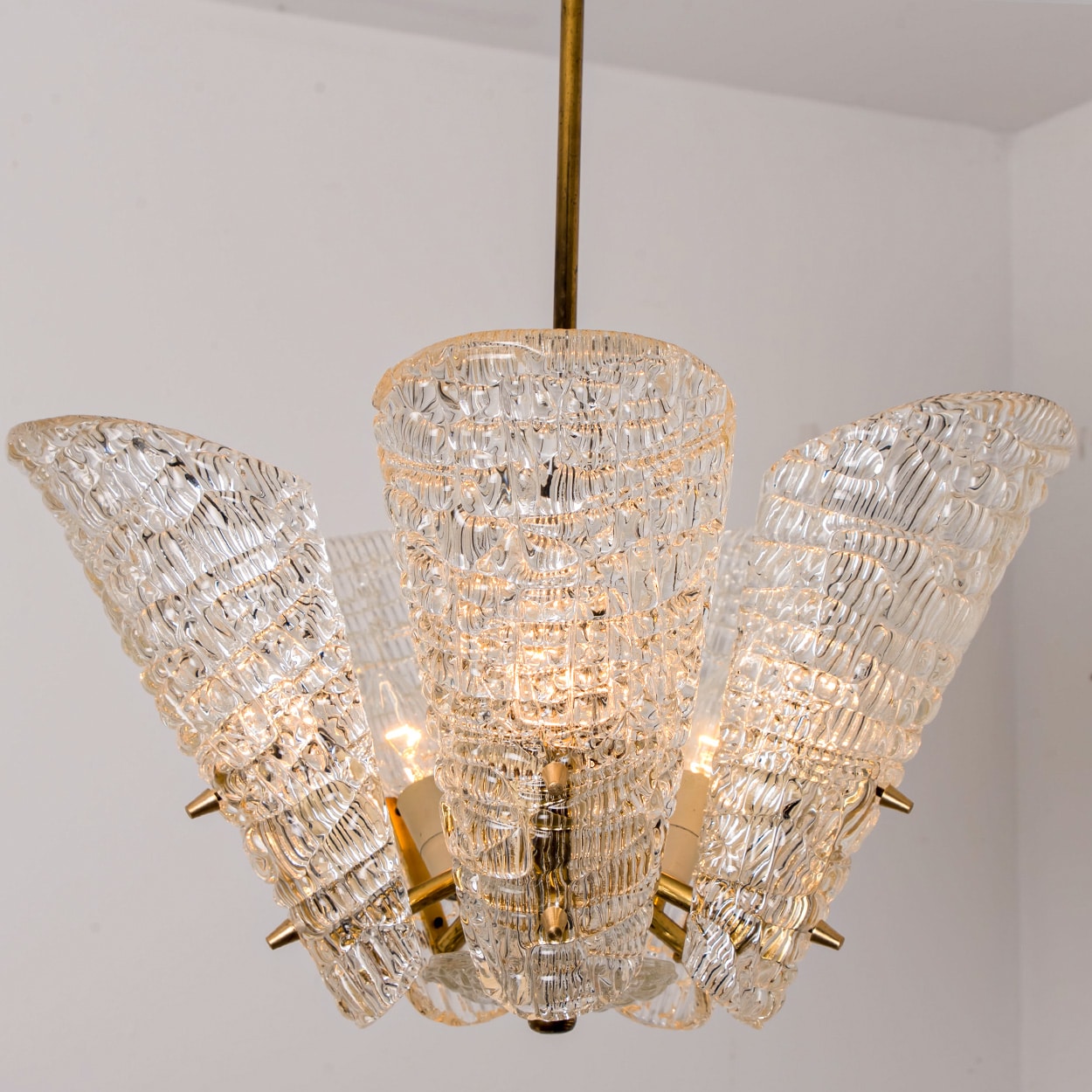 Beautiful 5 Leafs of Ice Glass and Brass Chandelier by Kalmar, 1960