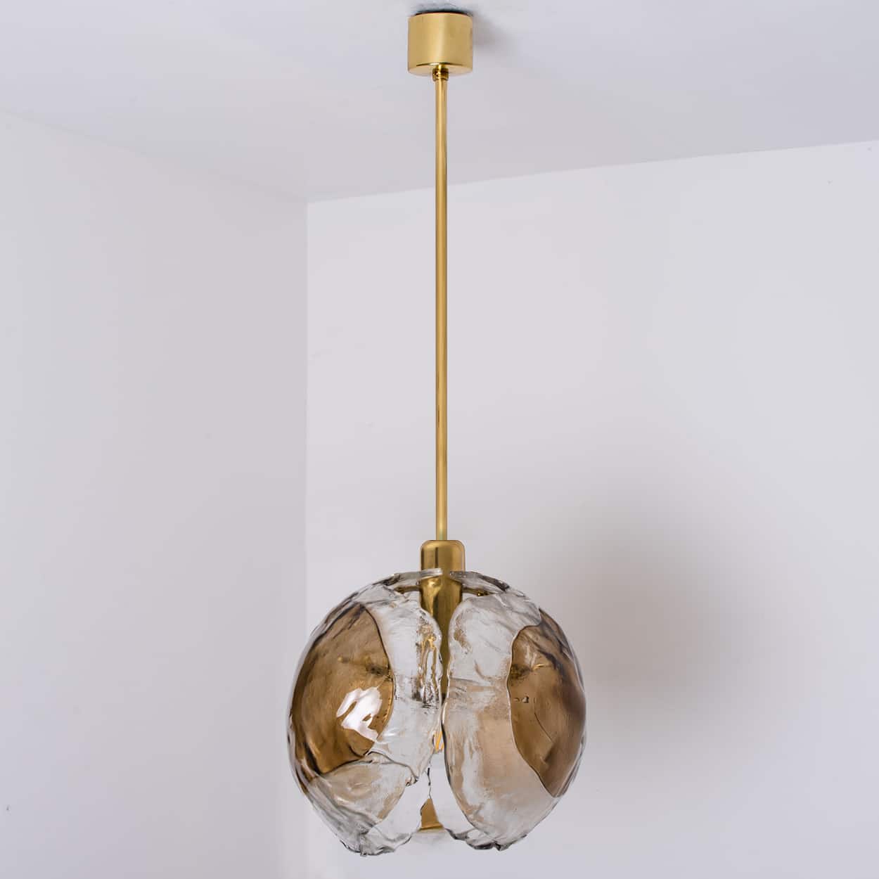 1 of the 2 Kalmar Chandelier Pendant Lights, Gold Brass Smoked Glass, 1970s