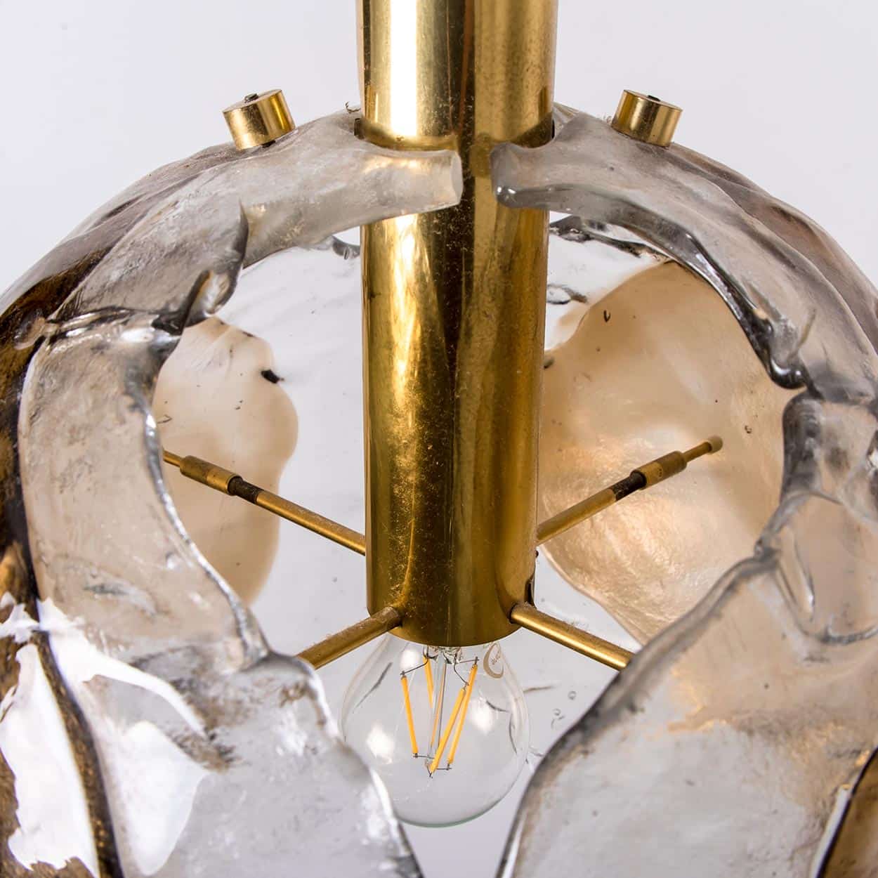 1 of the 2 Kalmar Chandelier Pendant Lights, Gold Brass Smoked Glass, 1970s
