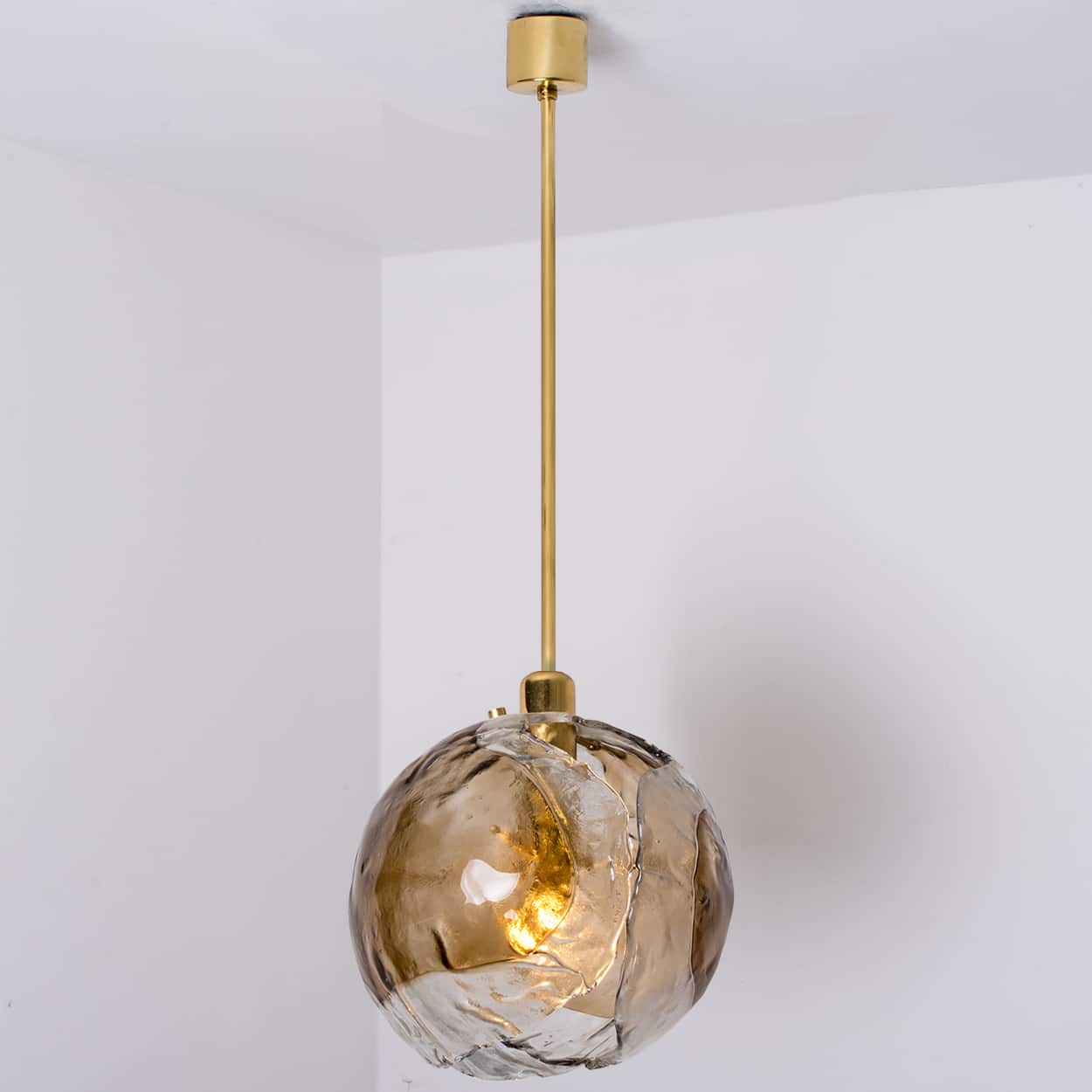 1 of the 2 Kalmar Chandelier Pendant Lights, Gold Brass Smoked Glass, 1970s