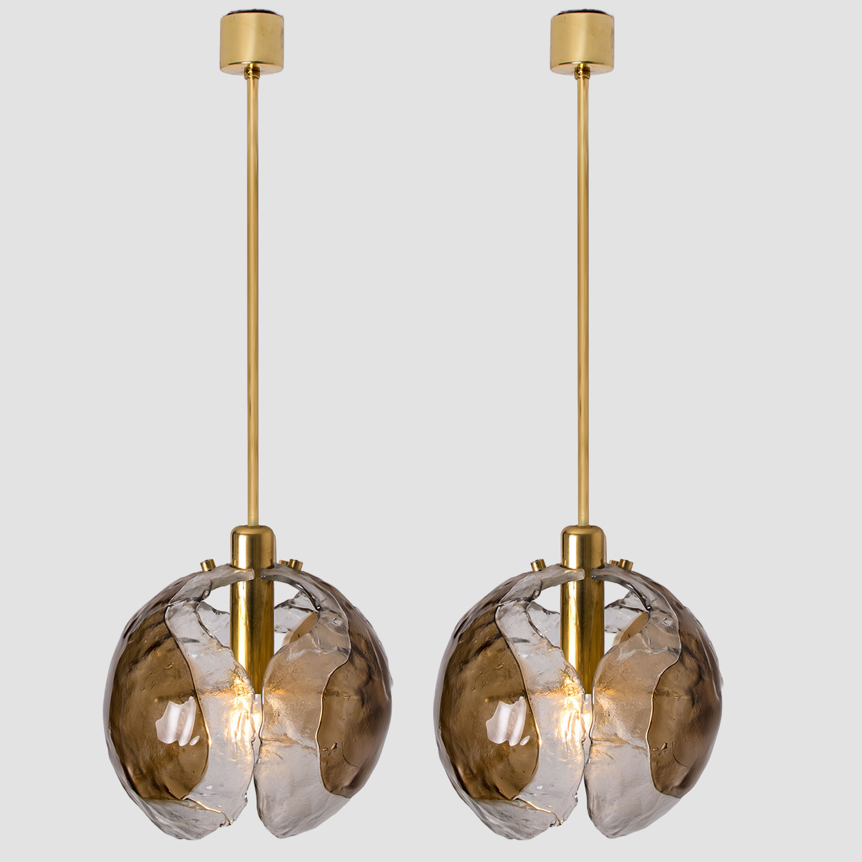 1 of the 2 Kalmar Chandelier Pendant Lights, Gold Brass Smoked Glass, 1970s