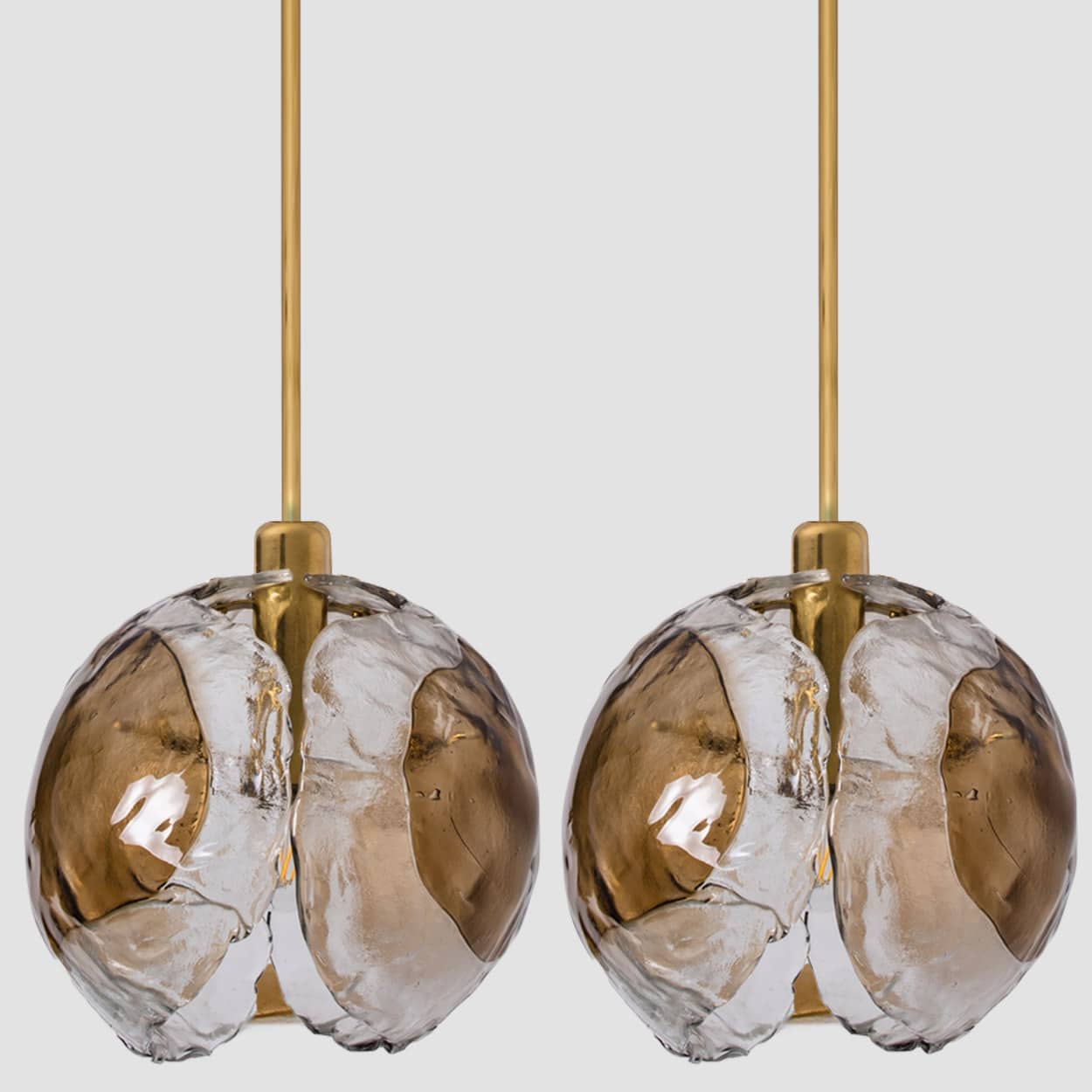 1 of the 2 Kalmar Chandelier Pendant Lights, Gold Brass Smoked Glass, 1970s