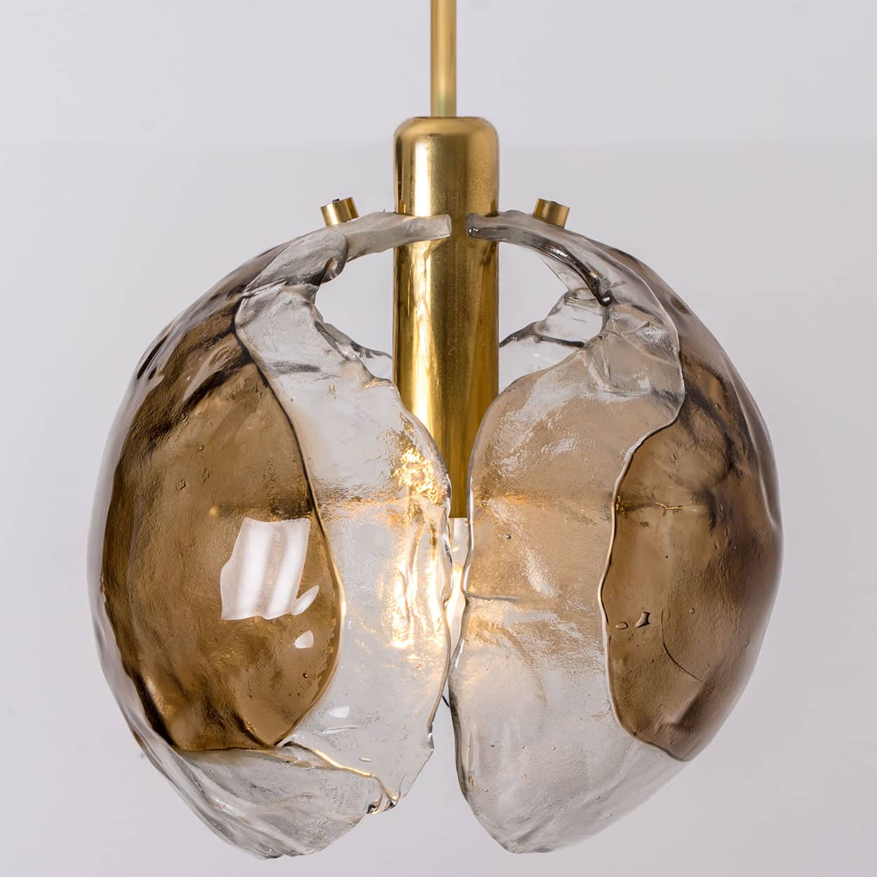 1 of the 2 Kalmar Chandelier Pendant Lights, Gold Brass Smoked Glass, 1970s