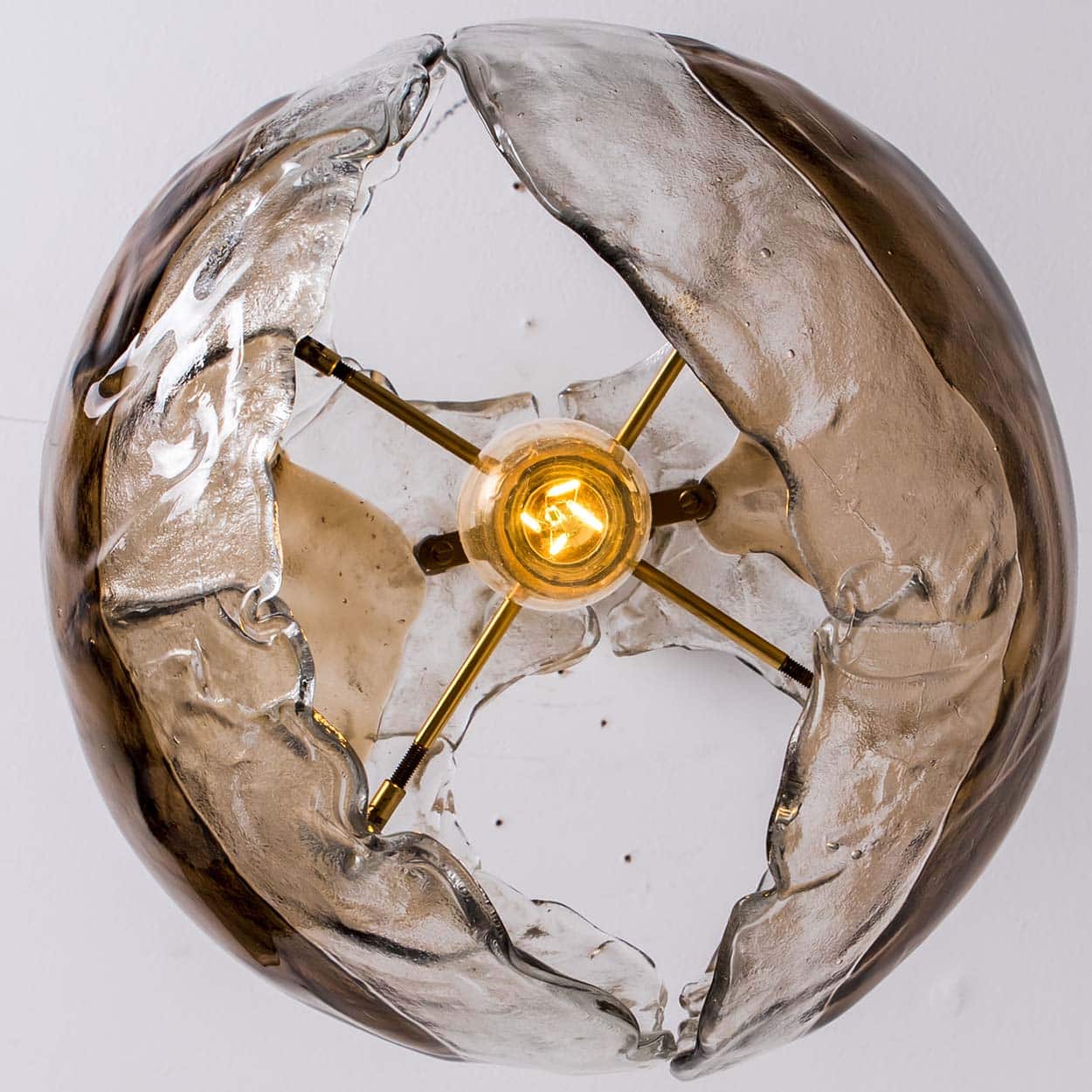 1 of the 2 Kalmar Chandelier Pendant Lights, Gold Brass Smoked Glass, 1970s