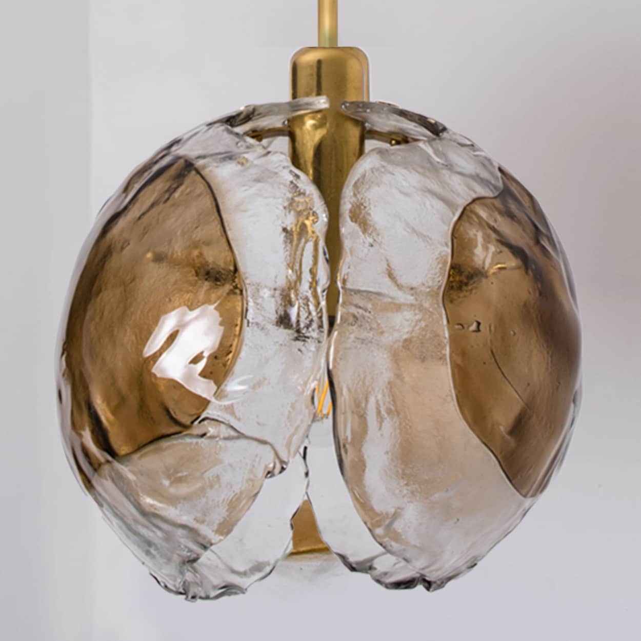 1 of the 2 Kalmar Chandelier Pendant Lights, Gold Brass Smoked Glass, 1970s