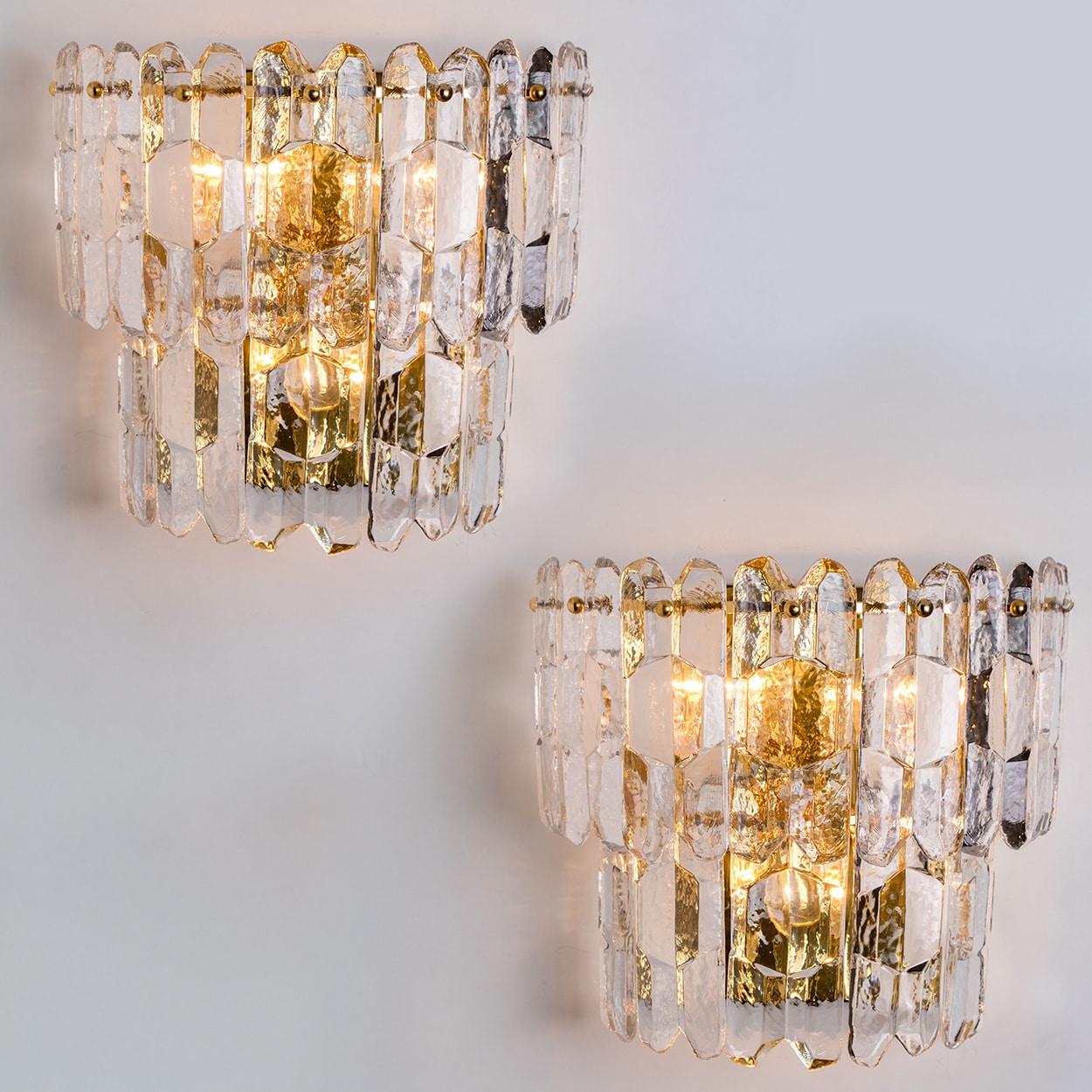 XL Pair of J.T. Kalmar 'Palazzo' Wall Light Fixtures Gilt Brass and Glass