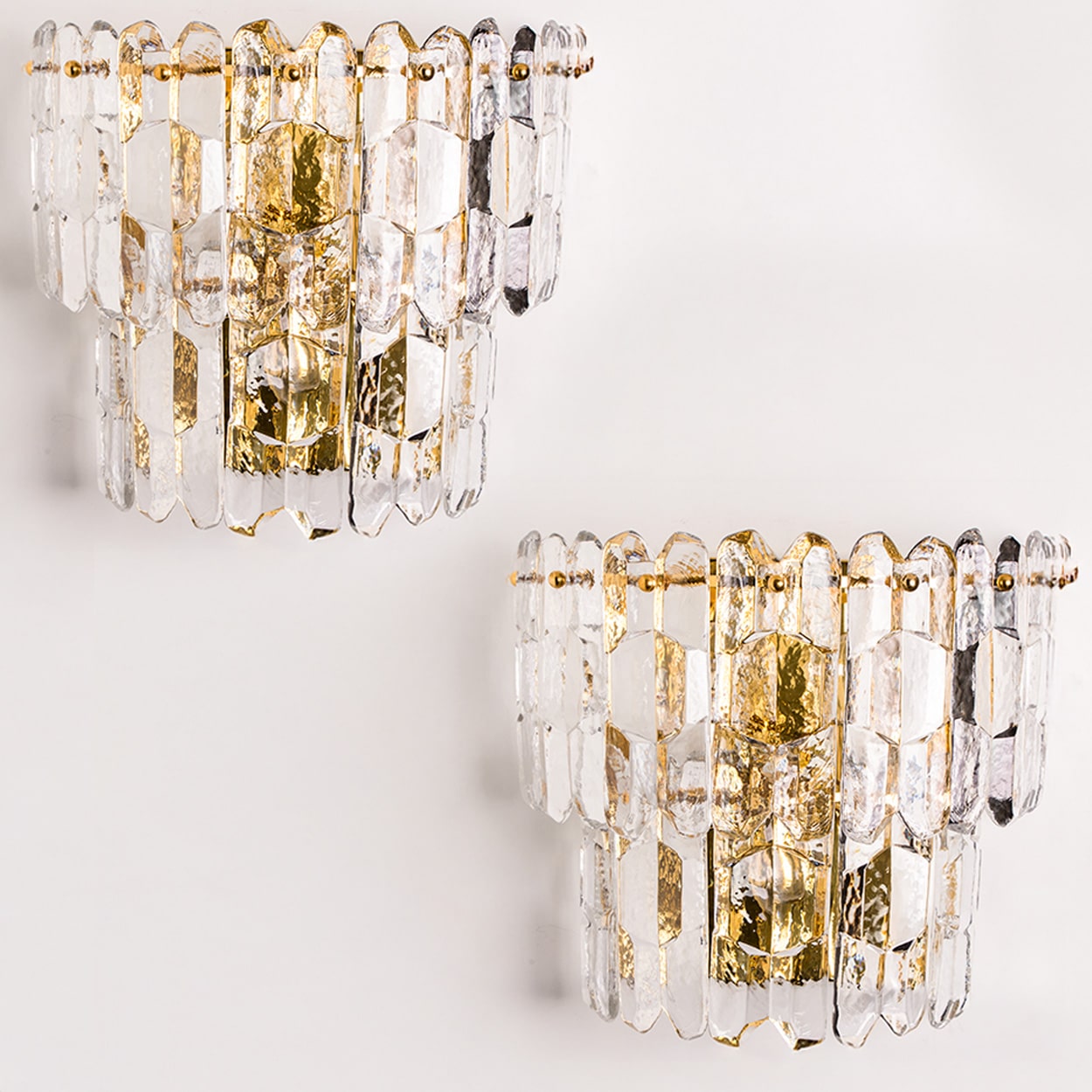 XL Pair of J.T. Kalmar 'Palazzo' Wall Light Fixtures Gilt Brass and Glass