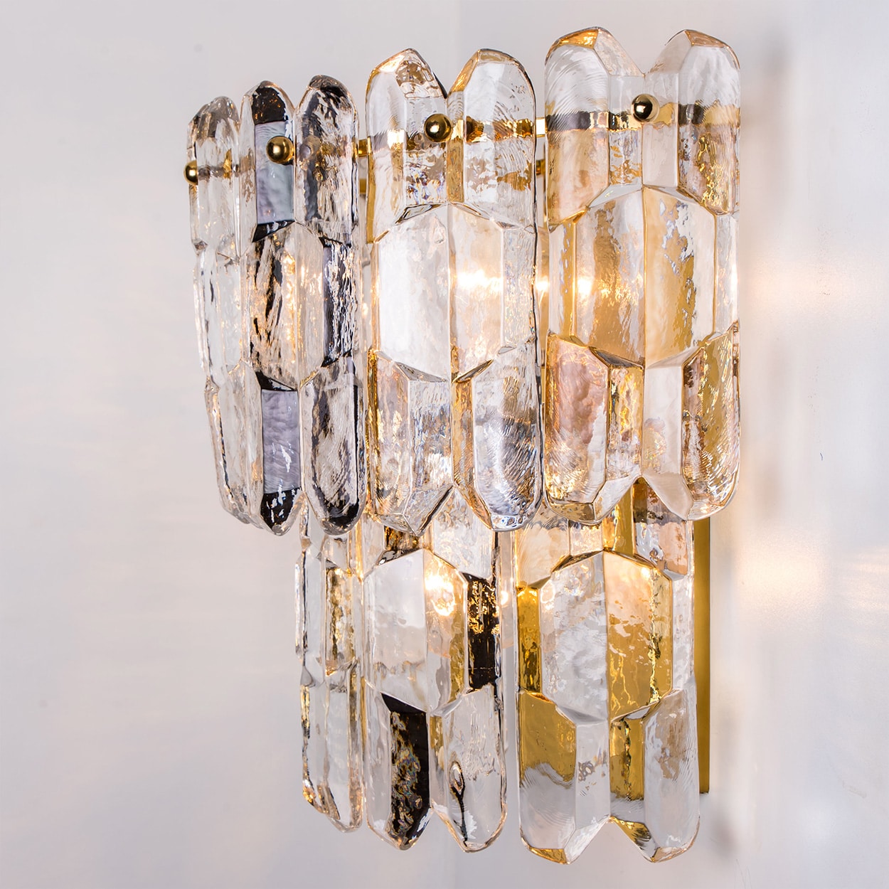 XL Pair of J.T. Kalmar 'Palazzo' Wall Light Fixtures Gilt Brass and Glass