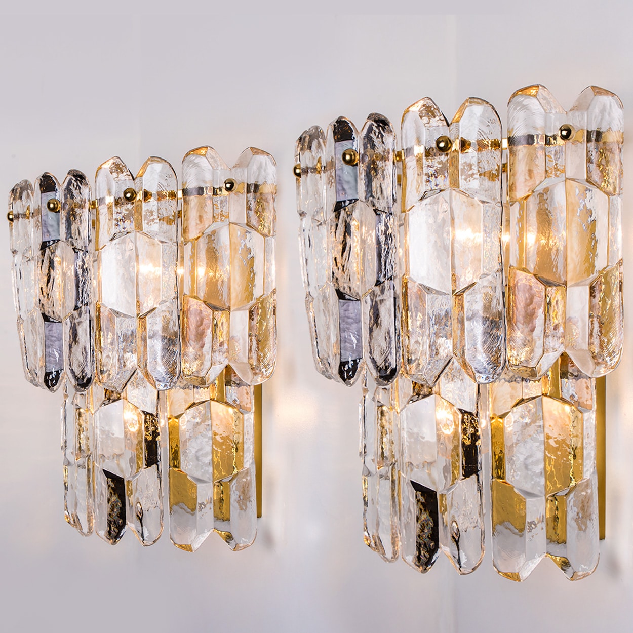 XL Pair of J.T. Kalmar 'Palazzo' Wall Light Fixtures Gilt Brass and Glass