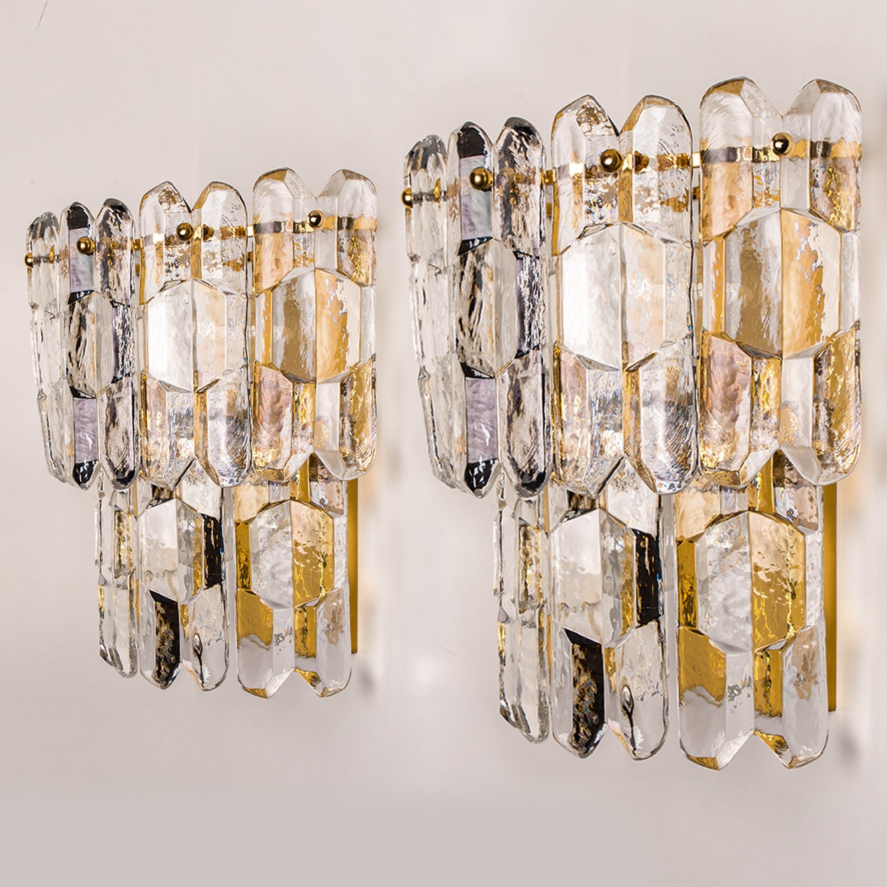 XL Pair of J.T. Kalmar 'Palazzo' Wall Light Fixtures Gilt Brass and Glass