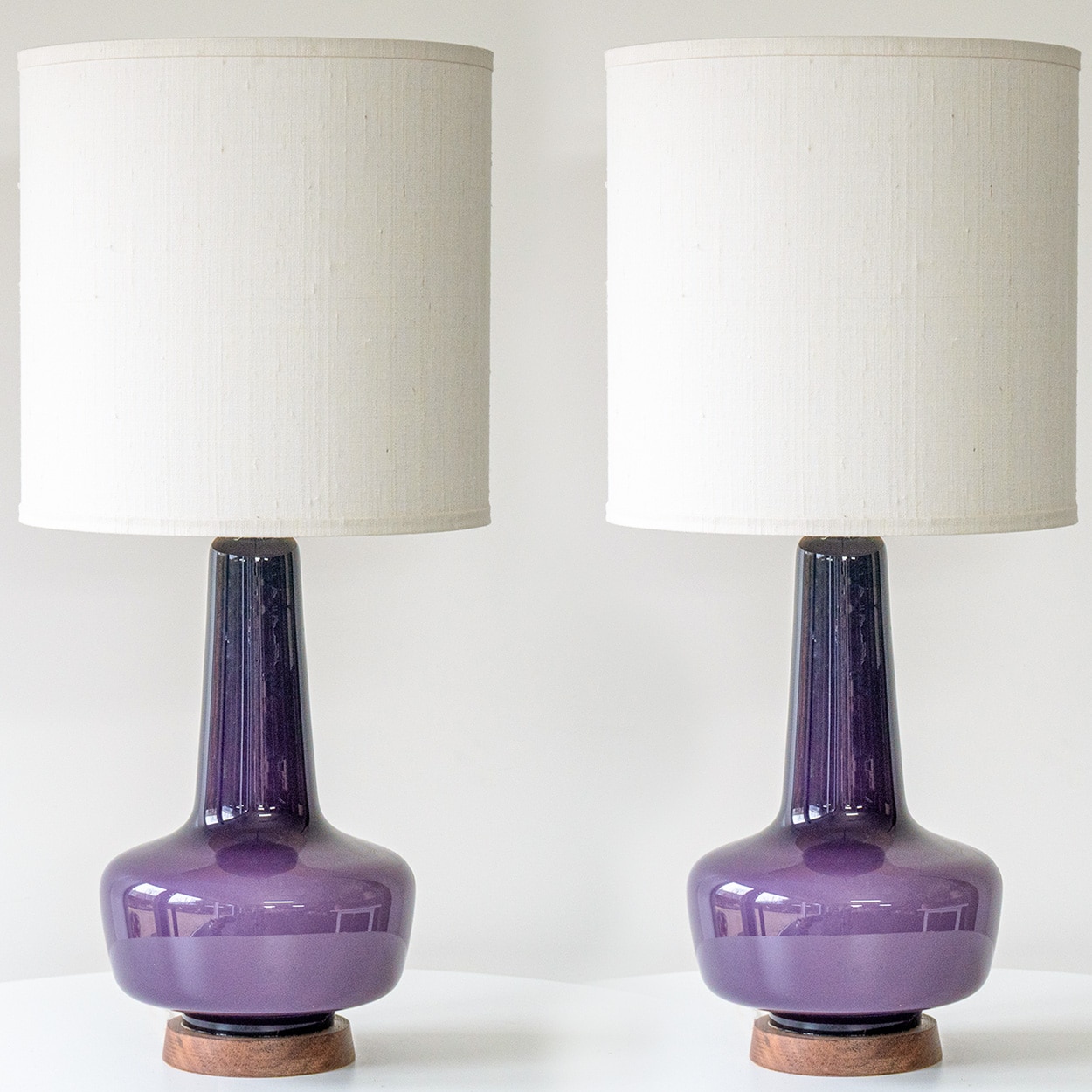1 of the 2 Holmegaard Lilac Ceramic Lamps, Custom White Lampshades by R. Houben