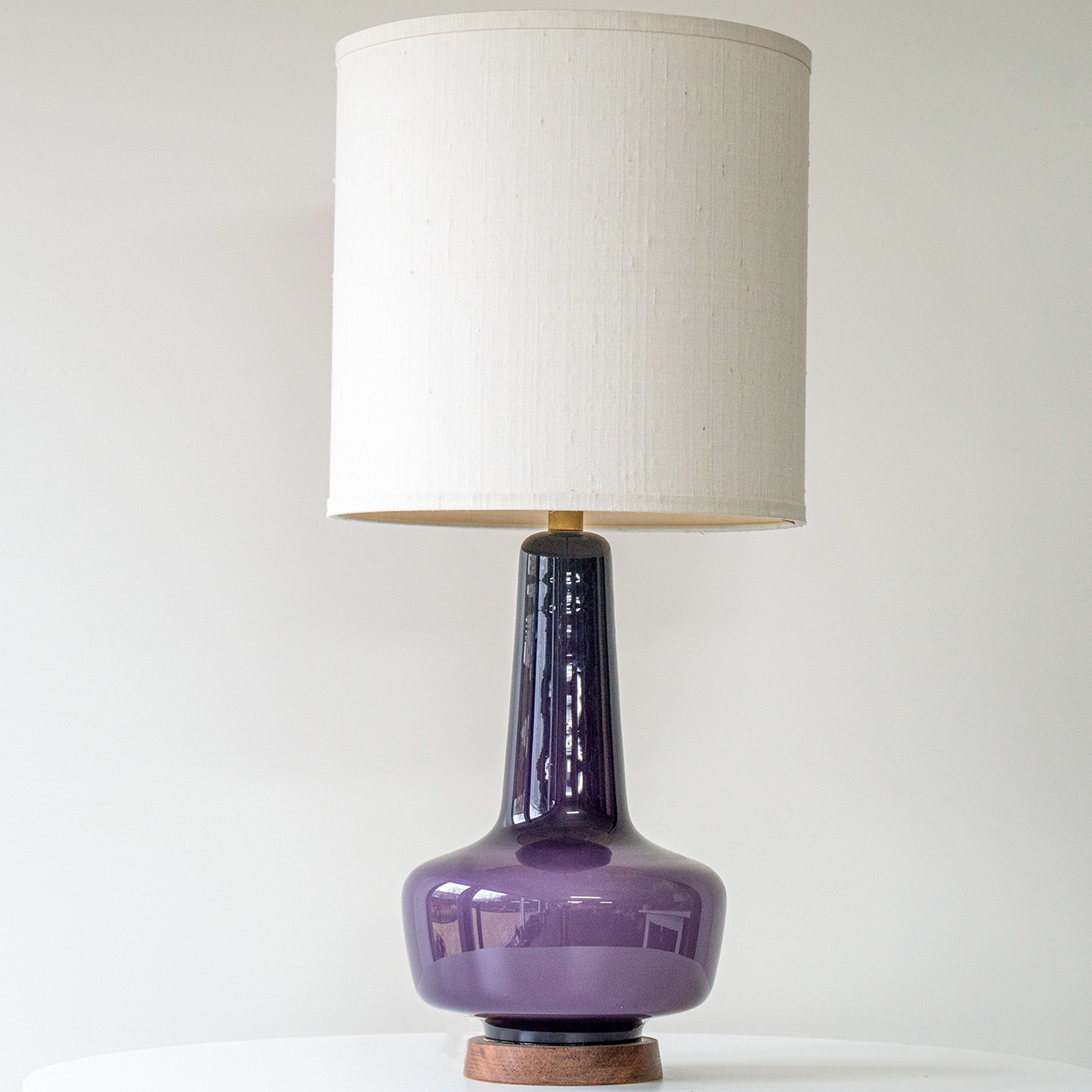 1 of the 2 Holmegaard Lilac Ceramic Lamps, Custom White Lampshades by R. Houben