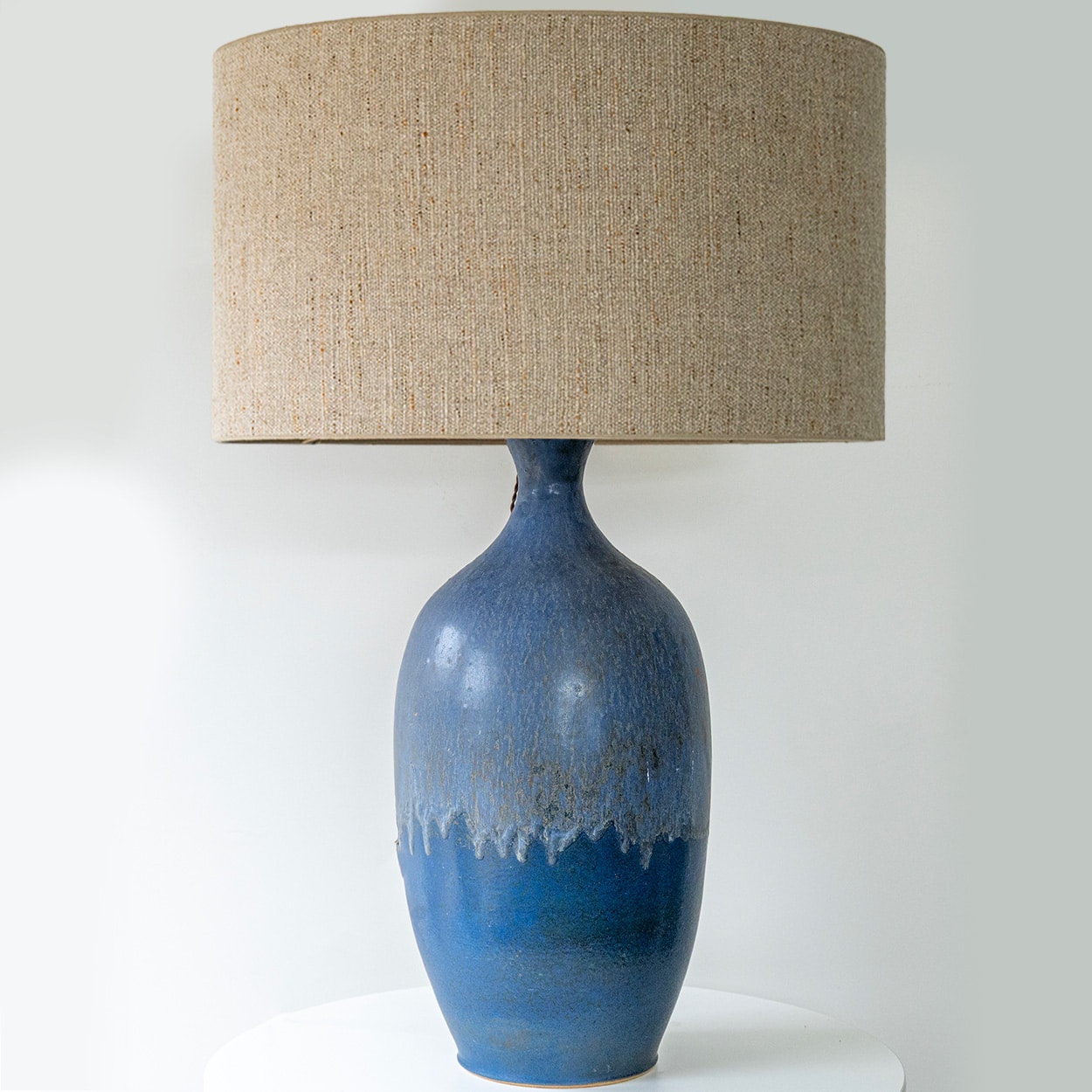XXL Blue Ceramic Floor Table Lamp, Custom Beige Lampshade by R. Houben