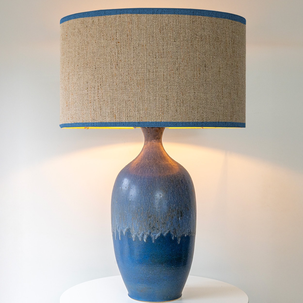 XXL Blue Ceramic Floor Table Lamp, Custom Beige Lampshade by R. Houben