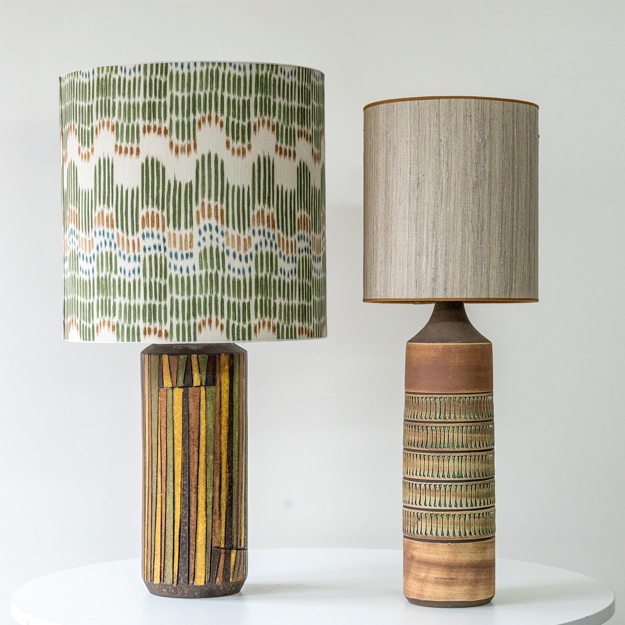 Set of 2 Multicolor Ceramic Lamps, Custom Made Silk Lampshades by R. Houben