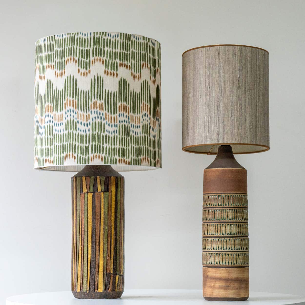 Set of 2 Multicolor Ceramic Lamps, Custom Made Silk Lampshades by R. Houben