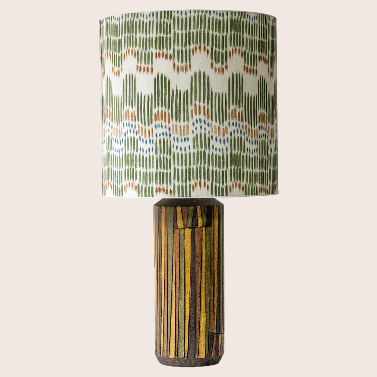 Set of 2 Multicolor Ceramic Lamps, Custom Made Silk Lampshades by R. Houben