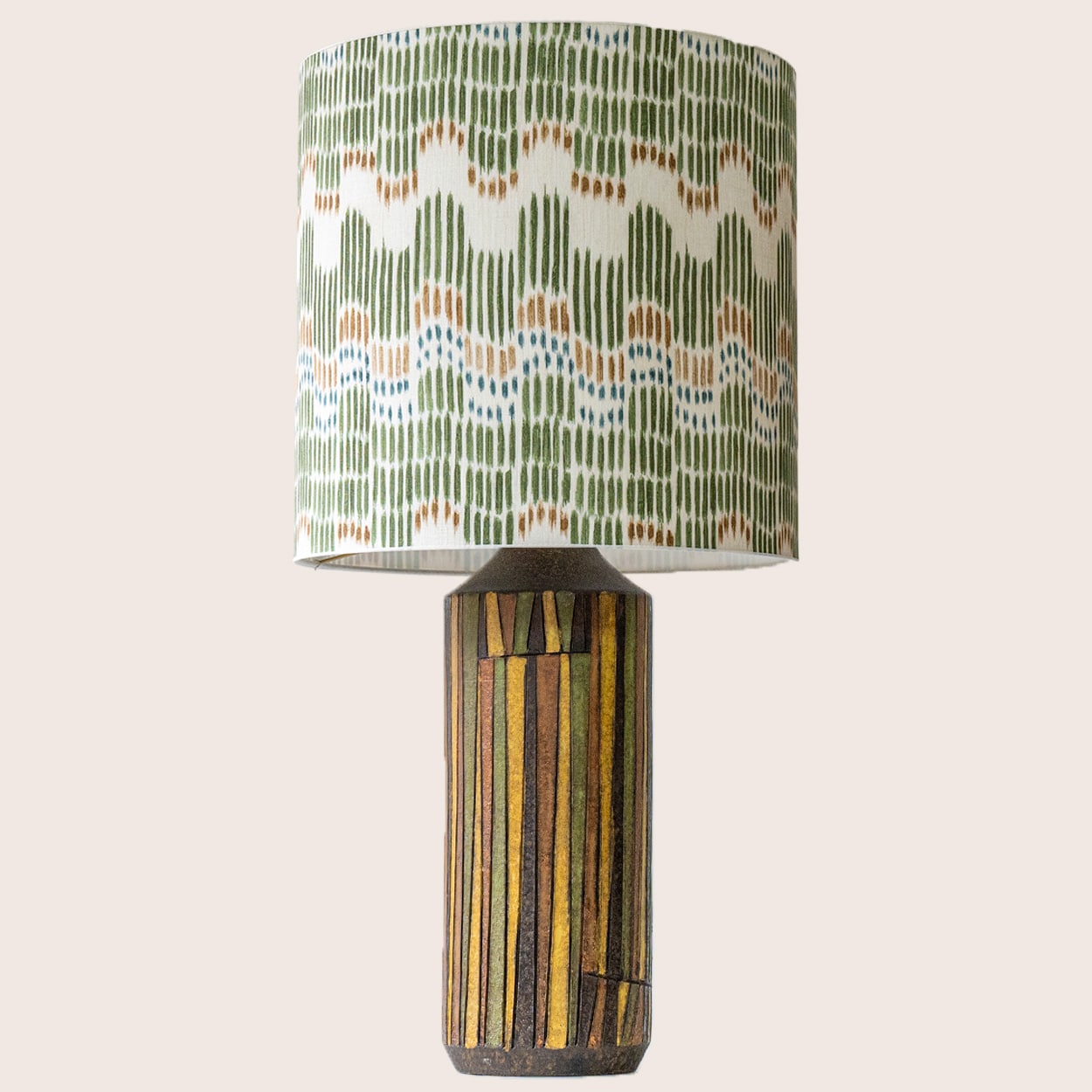 Set of 2 Multicolor Ceramic Lamps, Custom Made Silk Lampshades by R. Houben
