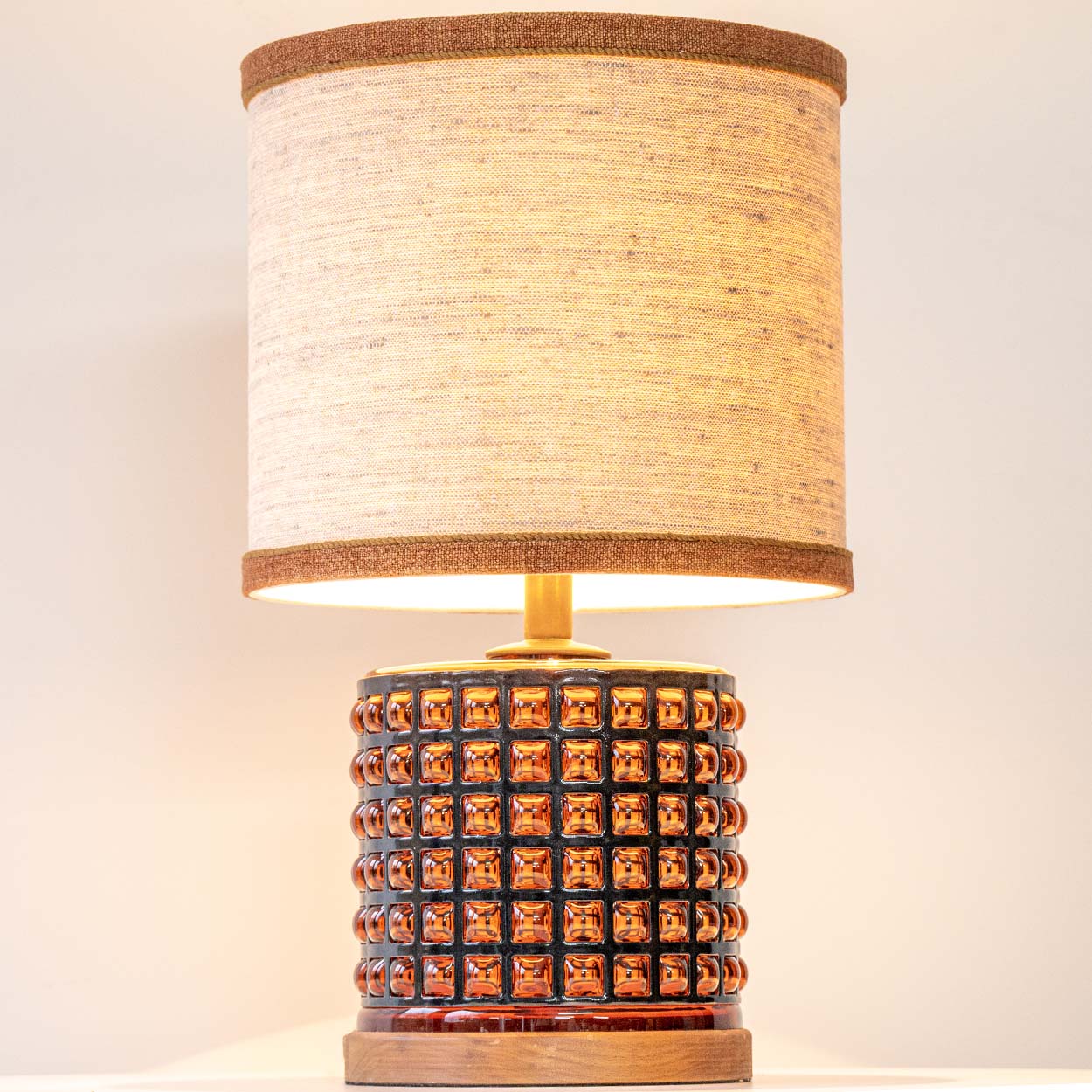 Squared Amber Glass Table Lamp, Custom Beige Lampshade by R. Houben