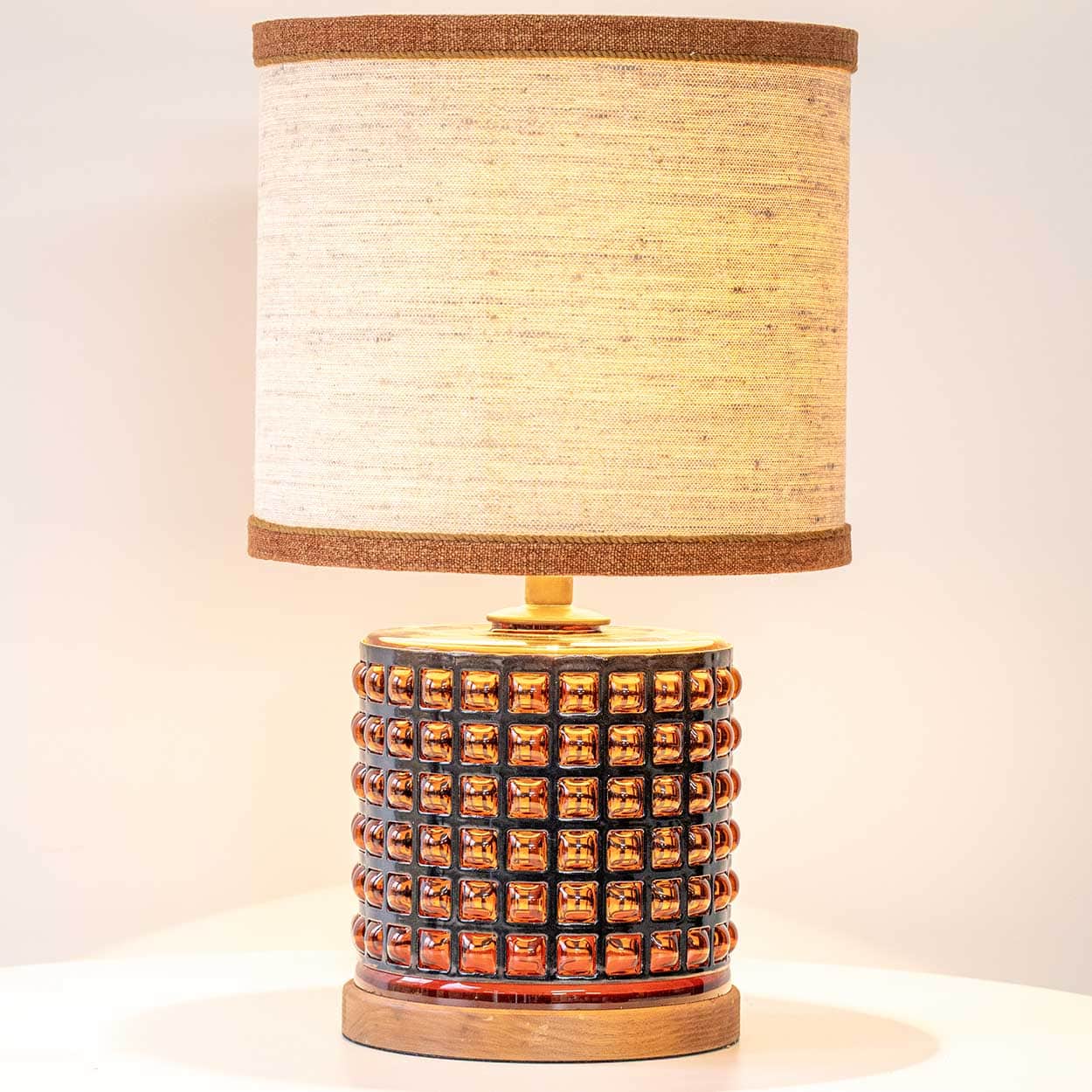 Squared Amber Glass Table Lamp, Custom Beige Lampshade by R. Houben