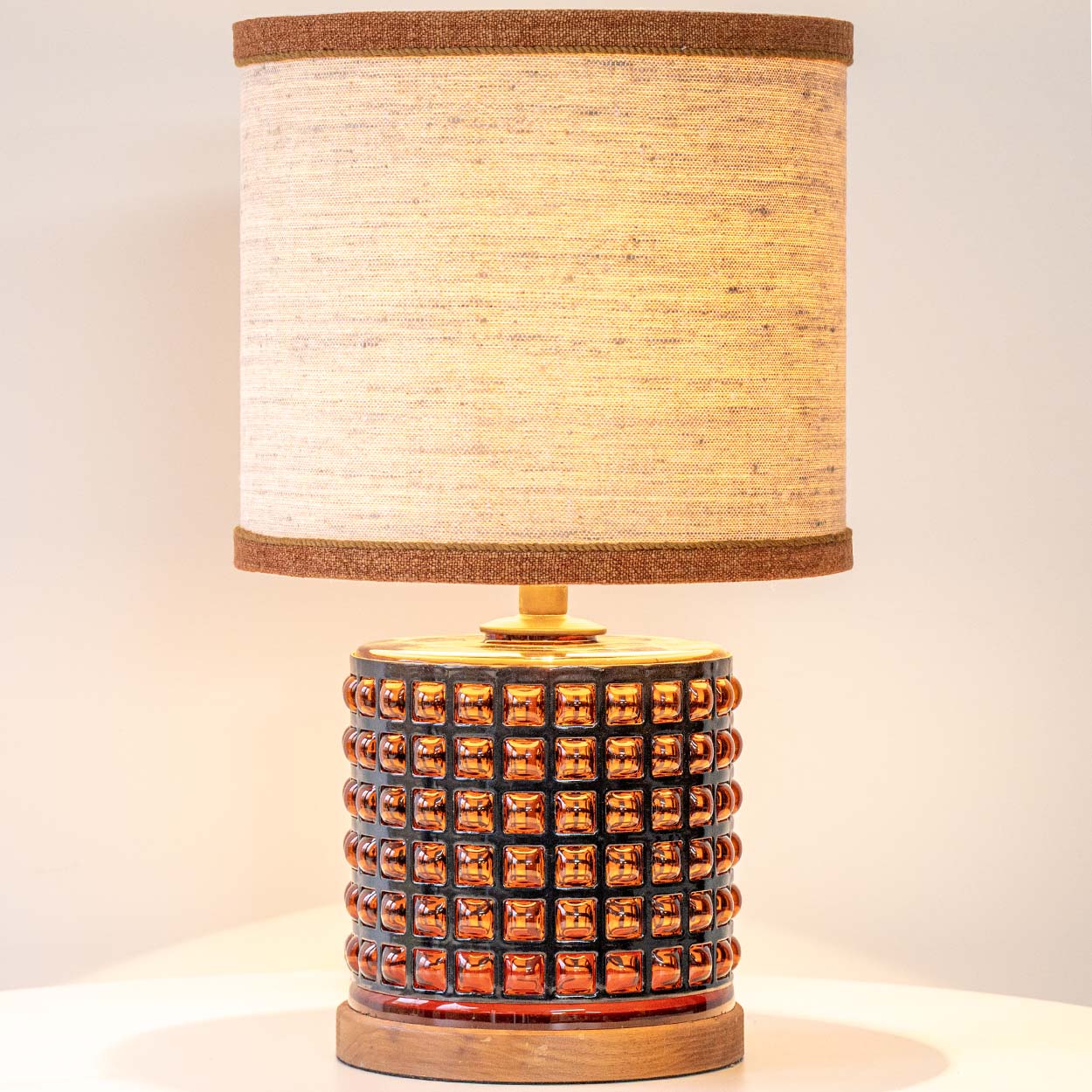 Squared Amber Glass Table Lamp, Custom Beige Lampshade by R. Houben