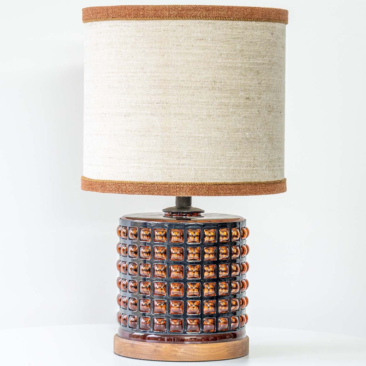 Squared Amber Glass Table Lamp, Custom Beige Lampshade by R. Houben