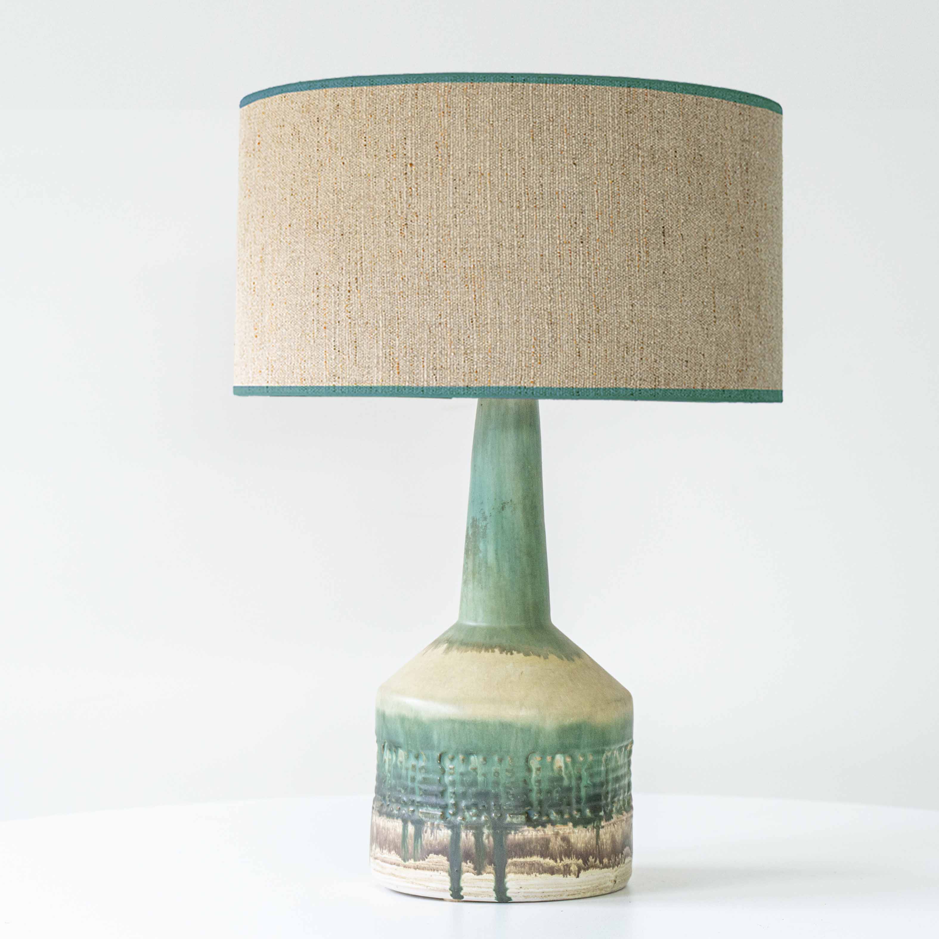 Green Ceramic Floor Table Lamp, Custom Matching Lampshade by R. Houben