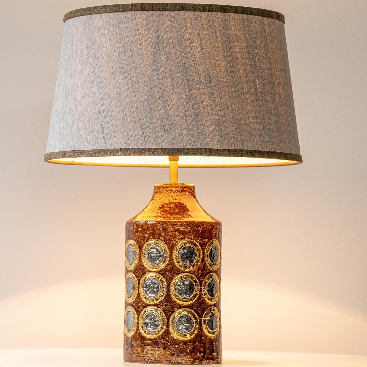 Bitossi Brown Gold Silver Ceramic Lamp, Custom Natural Lampshade by R. Houben