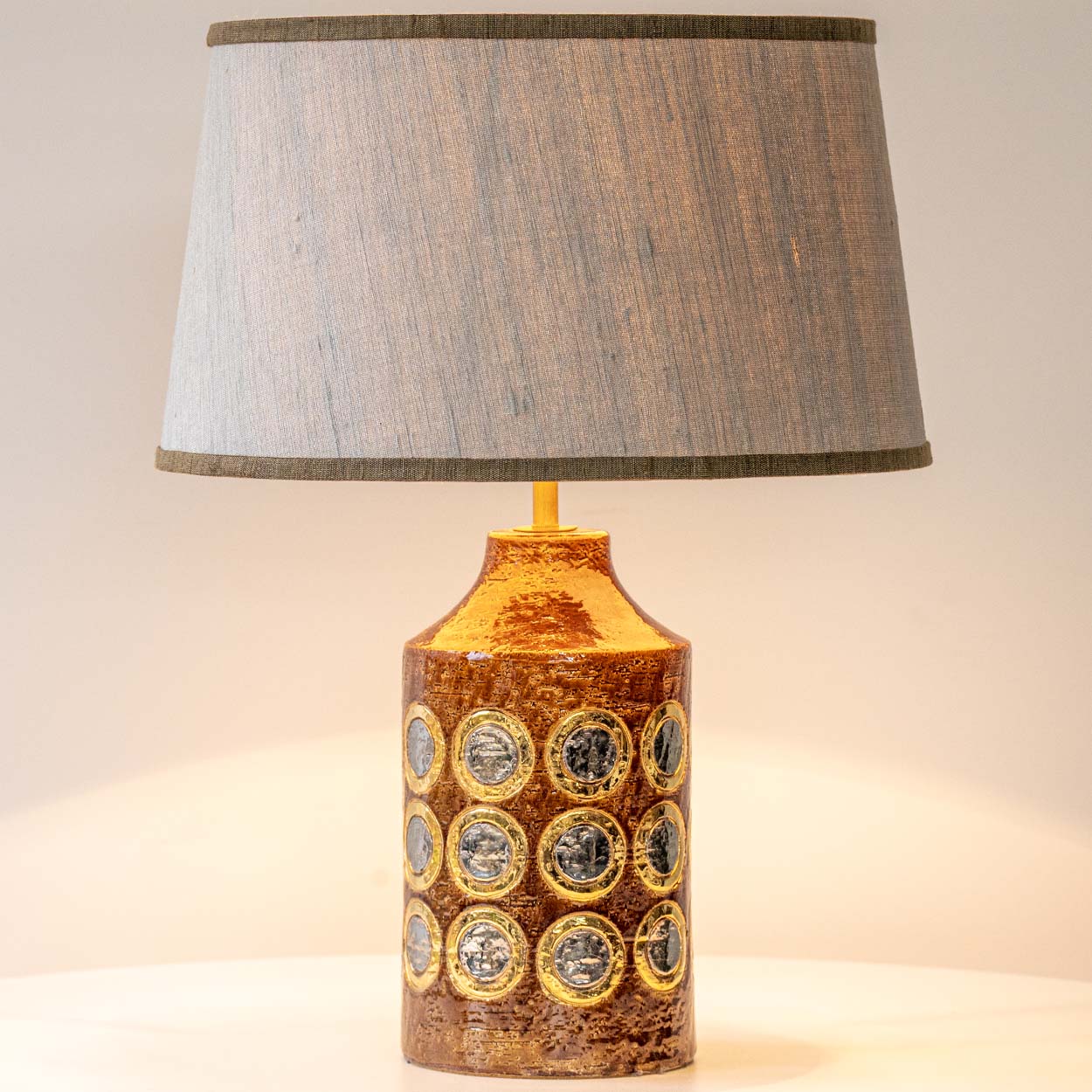 Bitossi Brown Gold Silver Ceramic Lamp, Custom Natural Lampshade by R. Houben