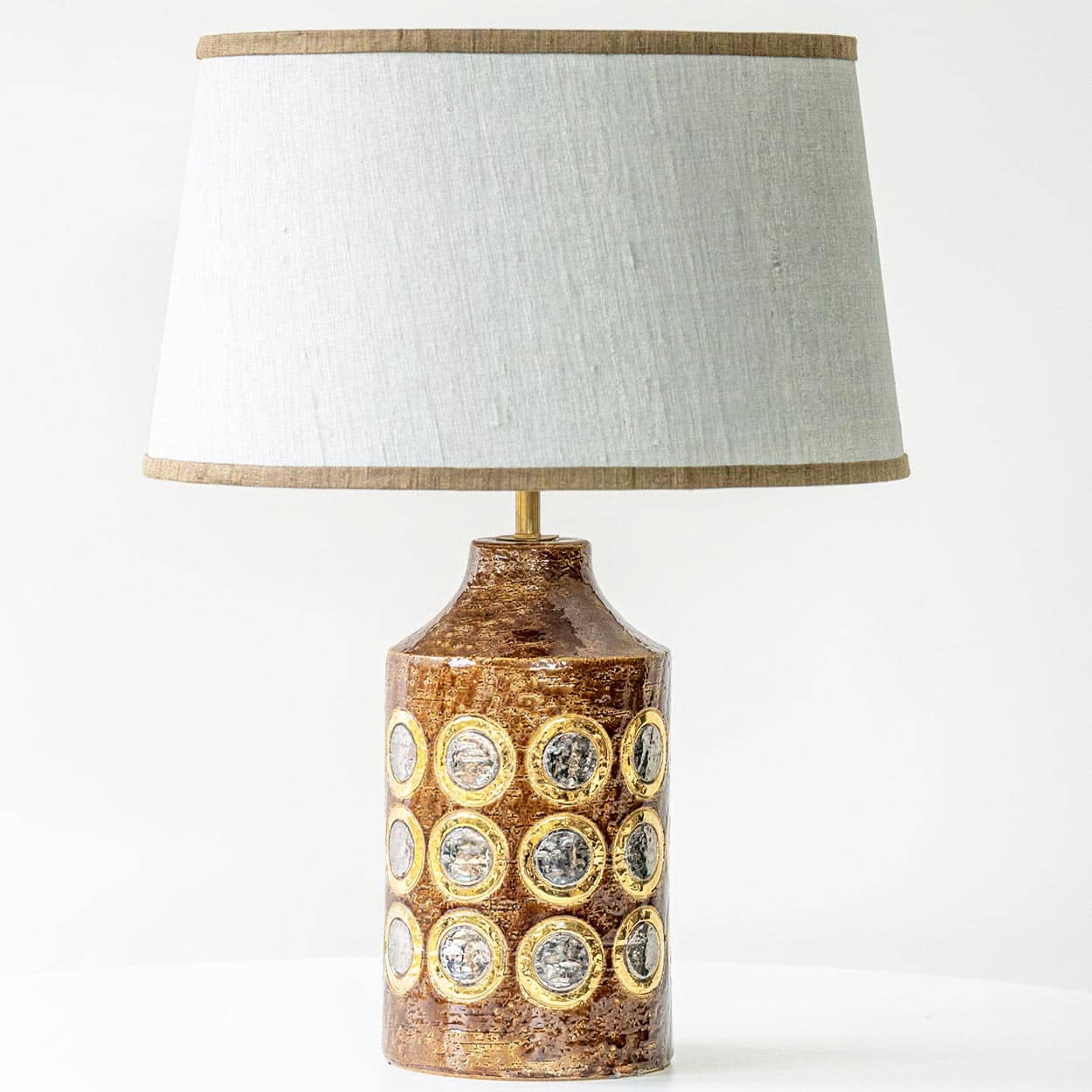 Bitossi Brown Gold Silver Ceramic Lamp, Custom Natural Lampshade by R. Houben