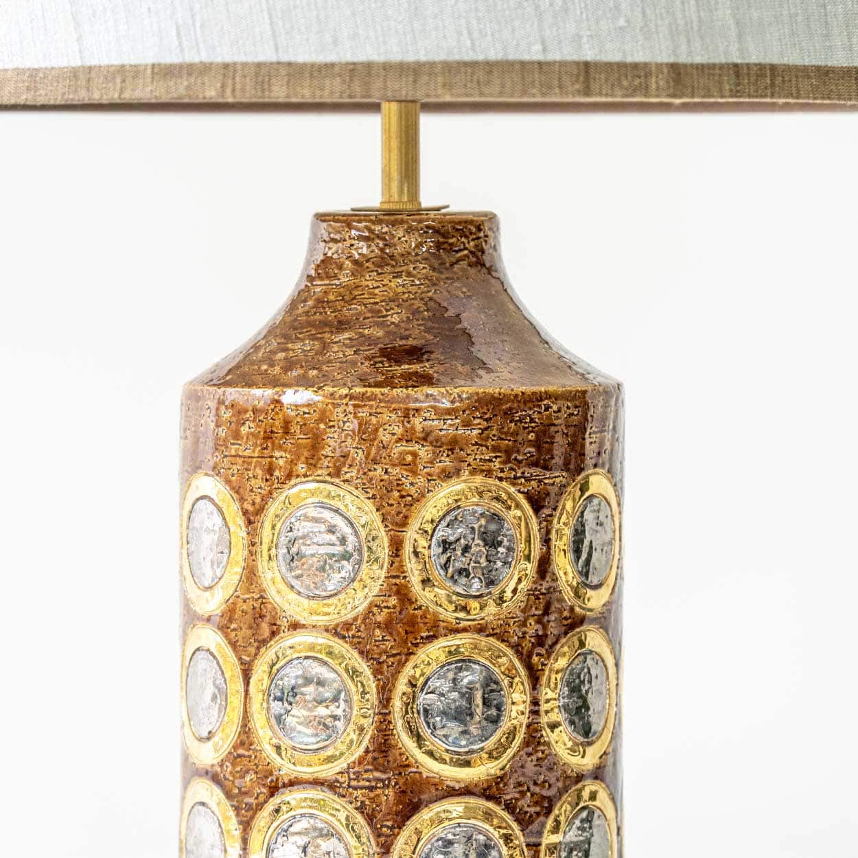 Bitossi Brown Gold Silver Ceramic Lamp, Custom Natural Lampshade by R. Houben