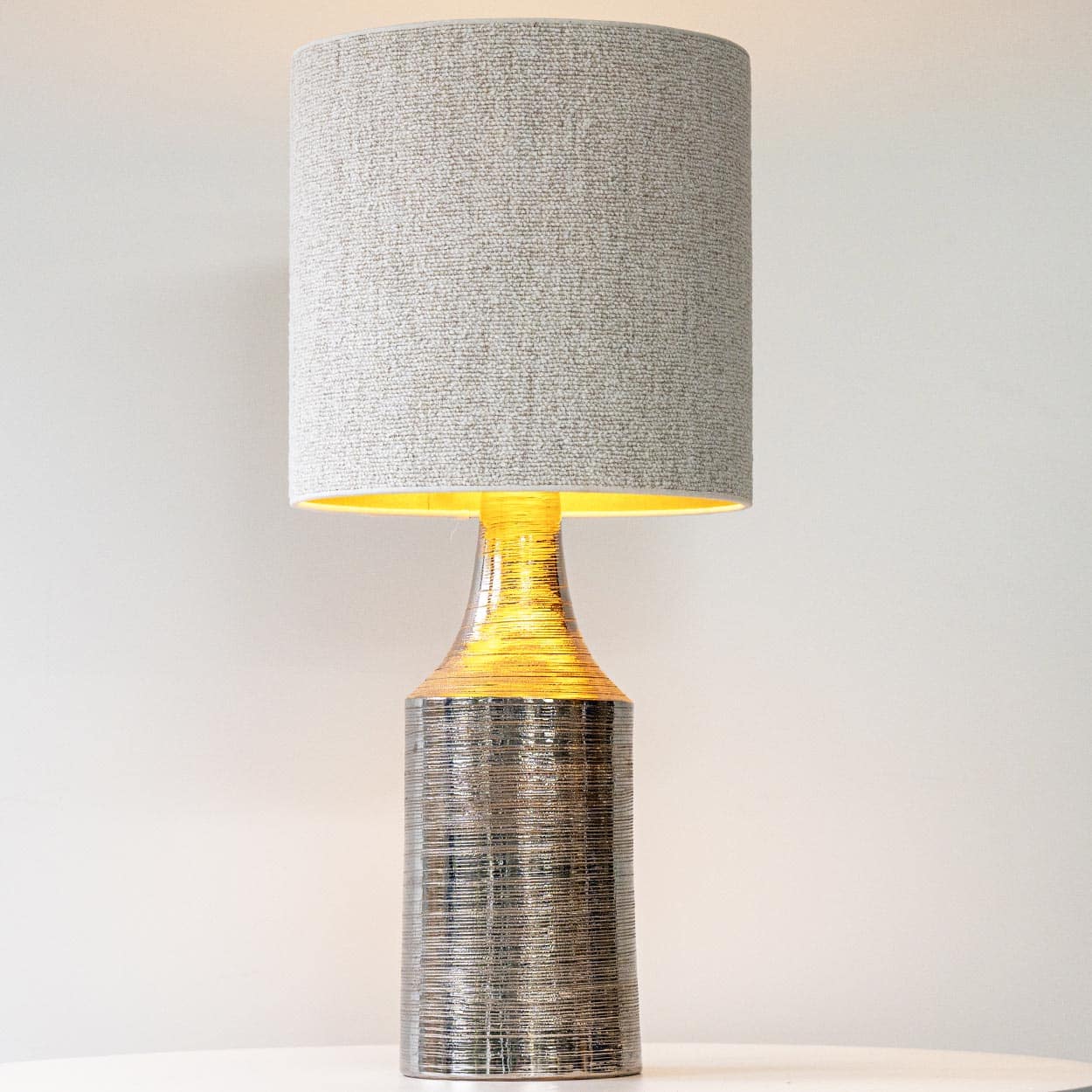 Bitossi Silver Ceramic Lamp, Custom Natural Lampshade by R. Houben