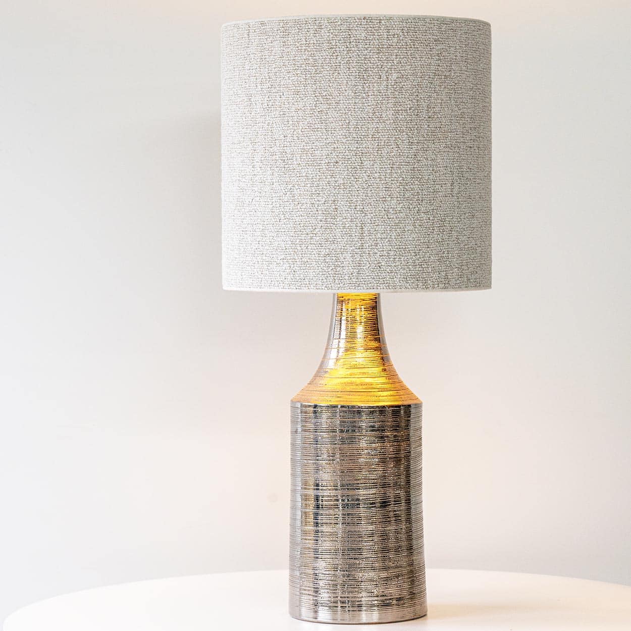 Bitossi Silver Ceramic Lamp, Custom Natural Lampshade by R. Houben
