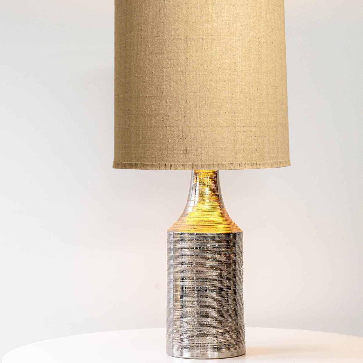 Bitossi Silver Ceramic Lamp, Custom Beige Lampshade by R. Houben