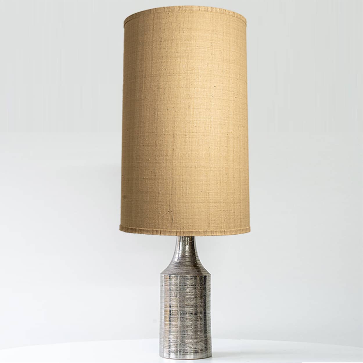Bitossi Silver Ceramic Lamp, Custom Natural Lampshade by R. Houben
