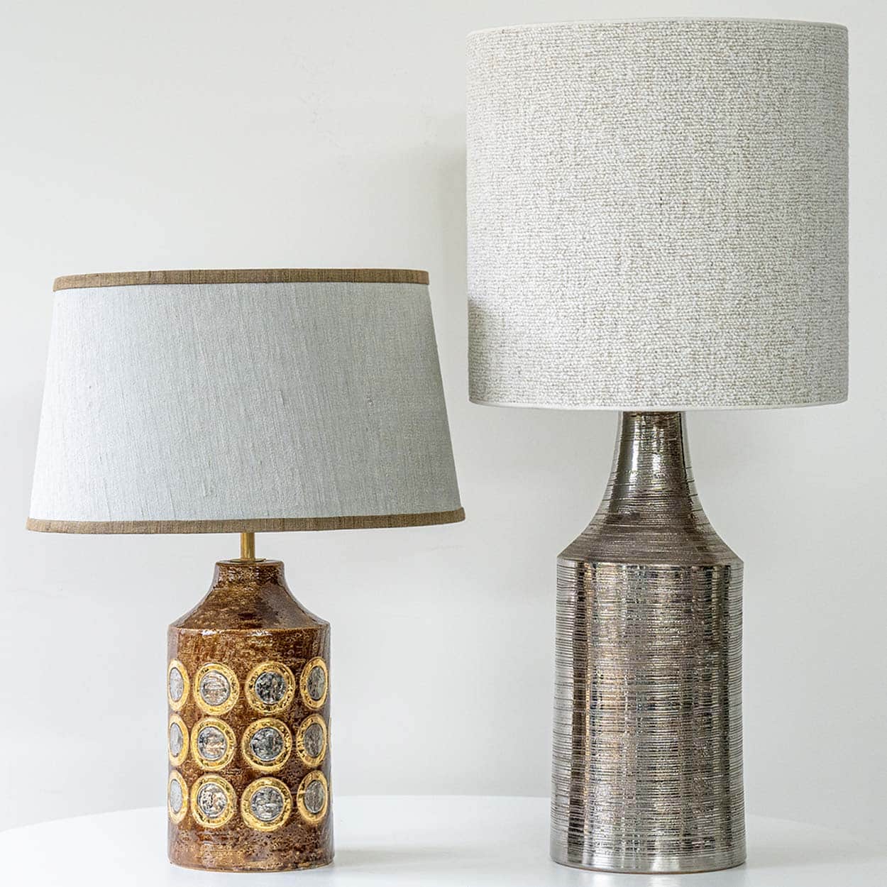 Bitossi Brown Gold Silver Ceramic Lamp, Custom Natural Lampshade by R. Houben