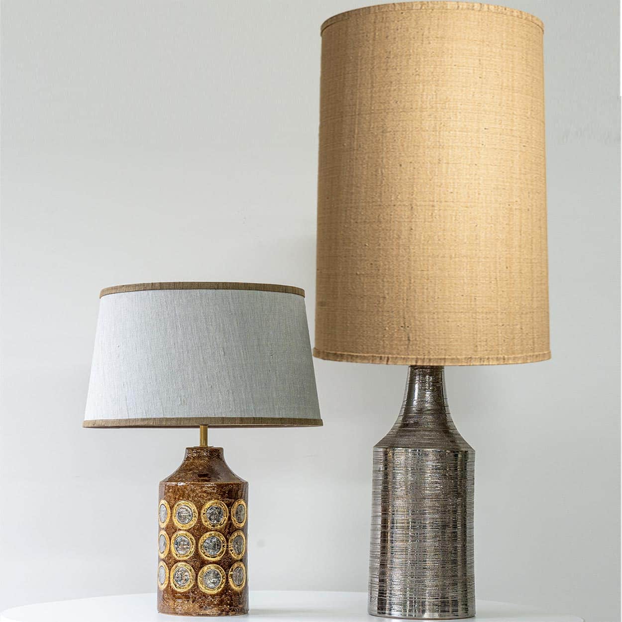 Bitossi Brown Gold Silver Ceramic Lamp, Custom Natural Lampshade by R. Houben