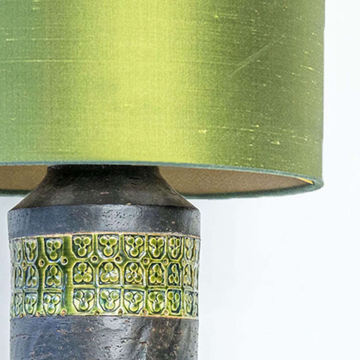 Bitossi Style Green Ceramic Lamp, Custom Green Silk Lampshade by R. Houben