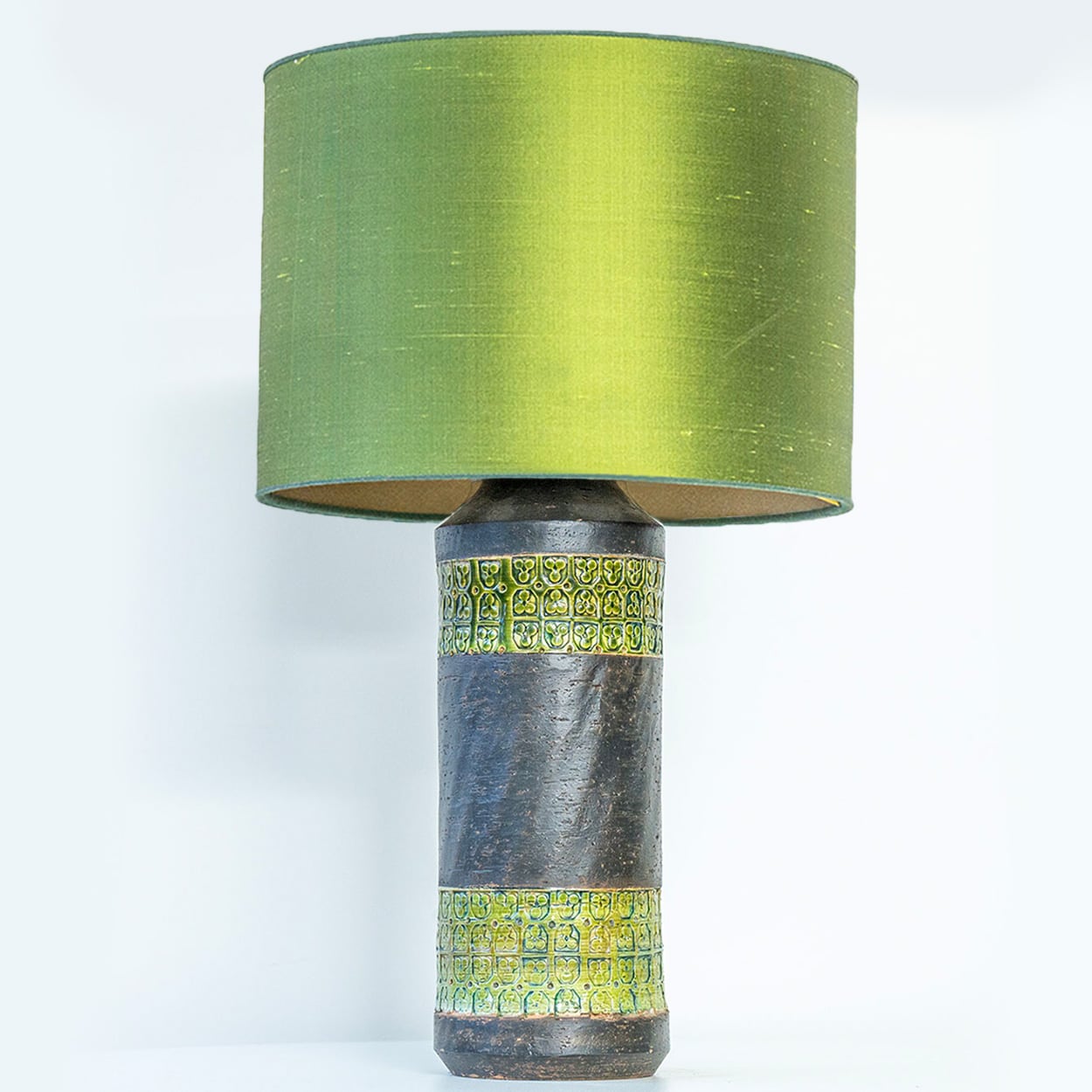 Bitossi Style Green Ceramic Lamp, Custom Green Silk Lampshade by R. Houben