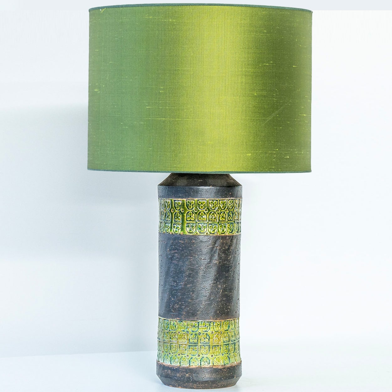Bitossi Style Green Ceramic Lamp, Custom Green Silk Lampshade by R. Houben