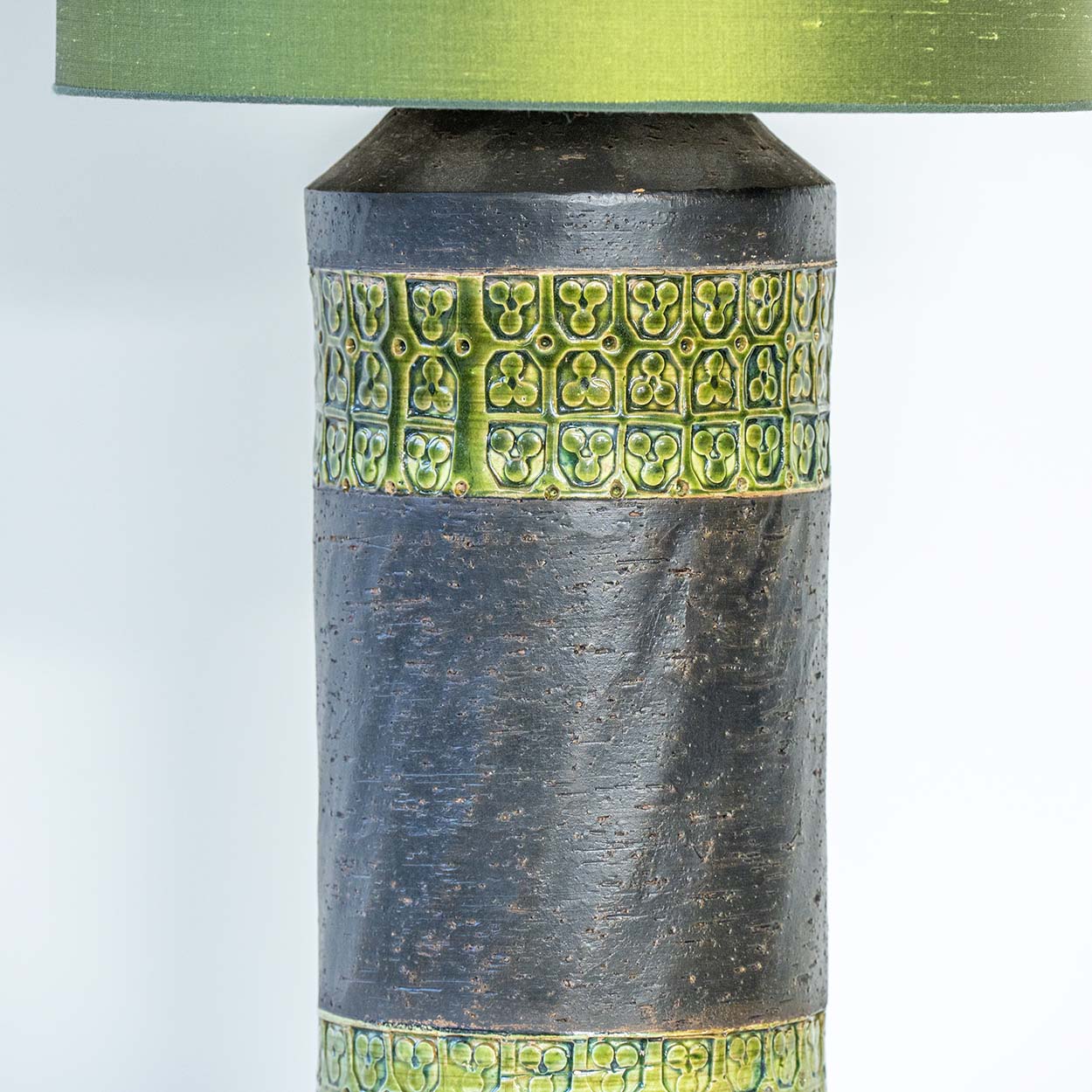 Bitossi Style Green Ceramic Lamp, Custom Green Silk Lampshade by R. Houben