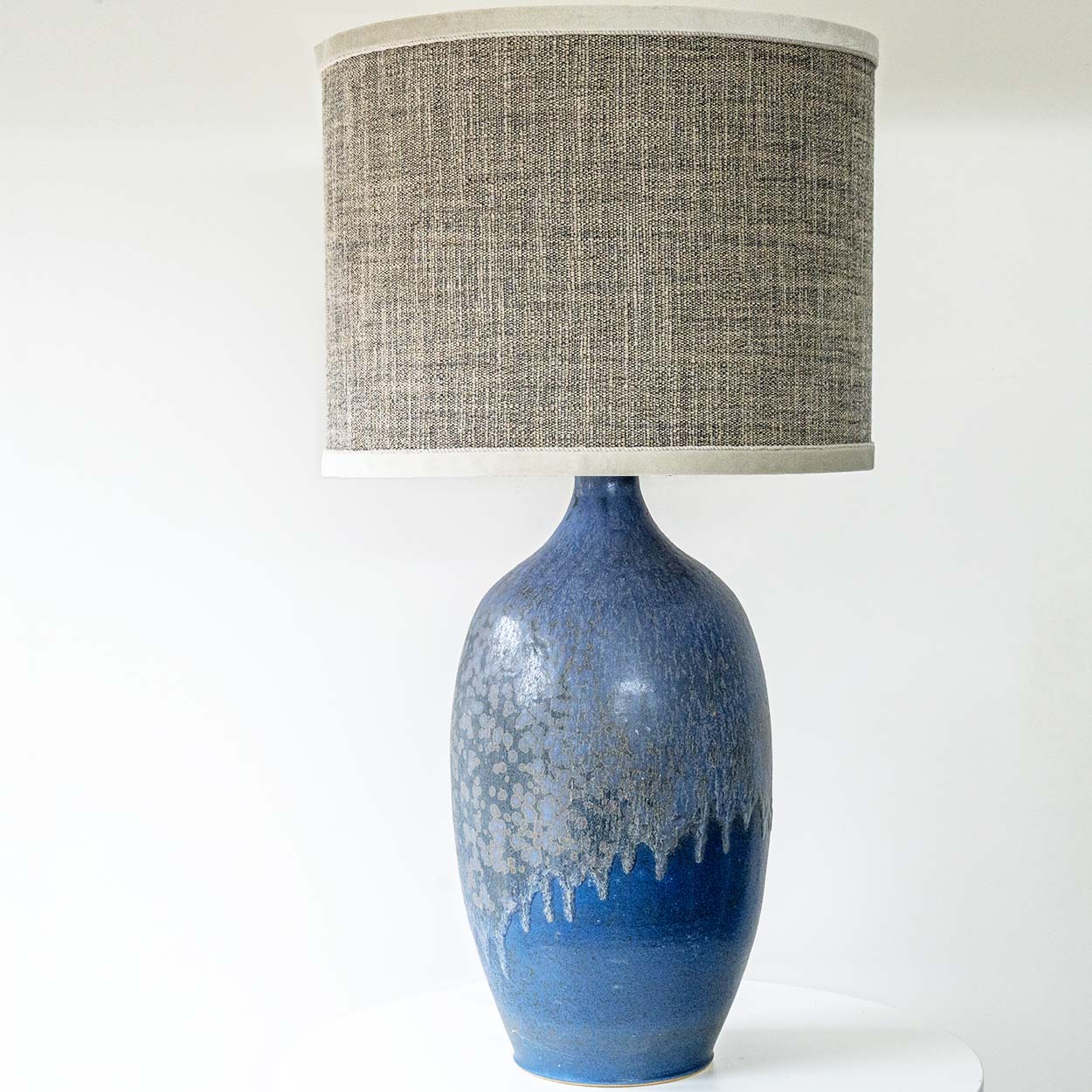 XXL Blue Ceramic Floor Table Lamp, Custom Beige Lampshade by R. Houben