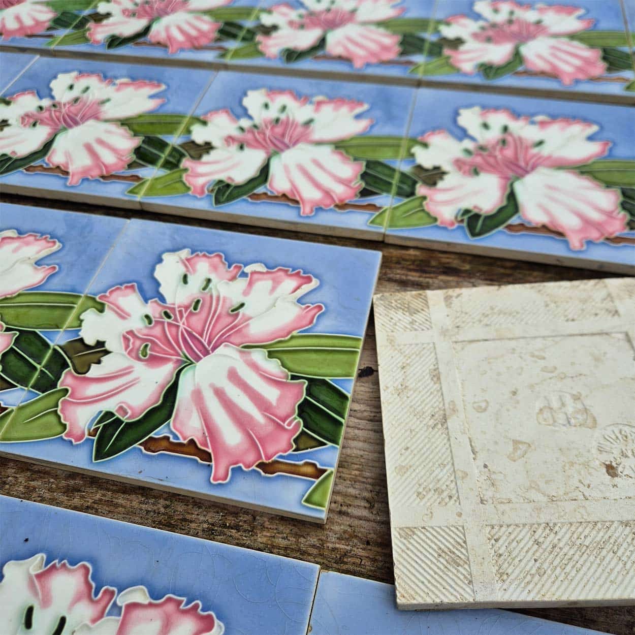 1 of the 40 Antique Art Nouveau Tiles Pink Flower, Gilliot Freres Hemiksen